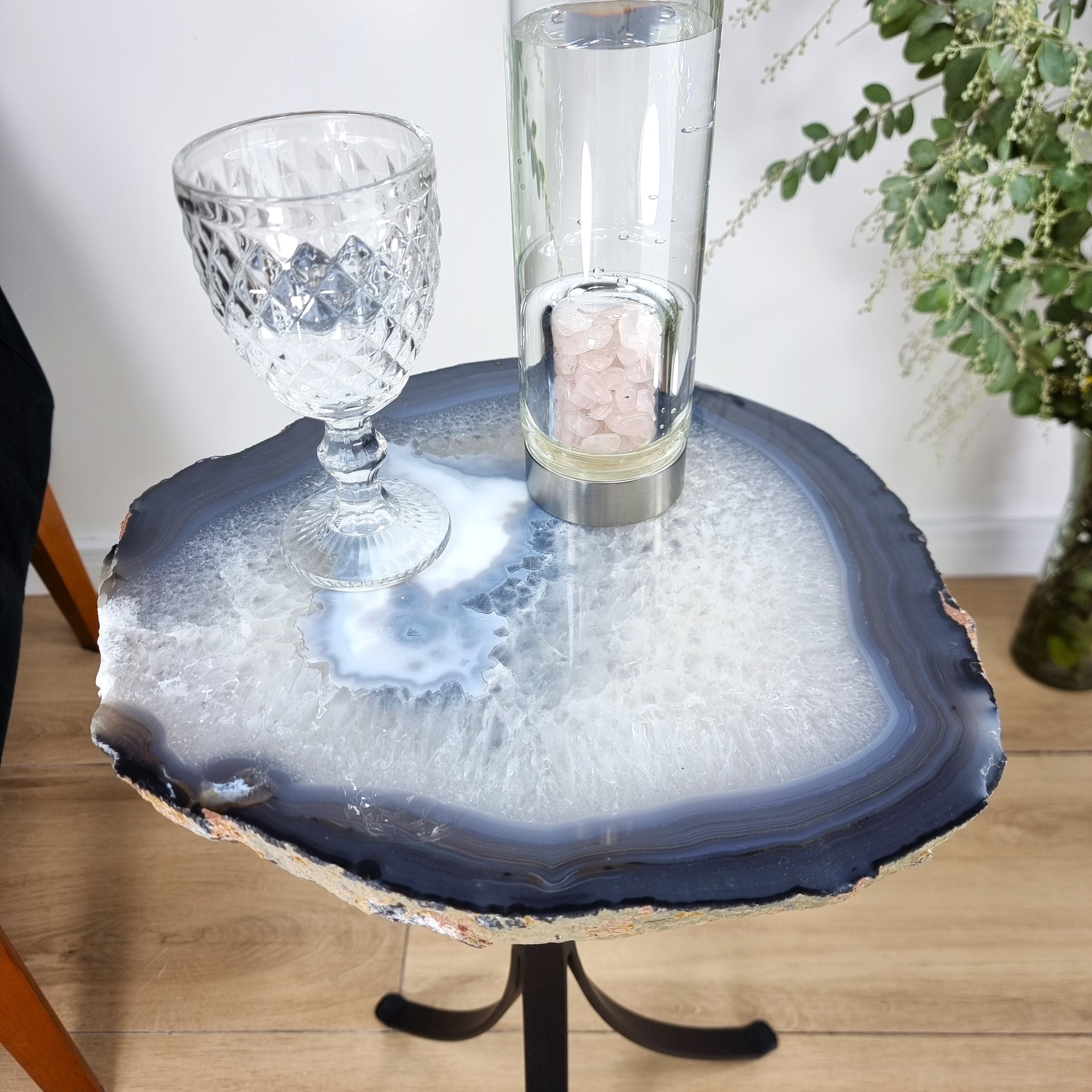 Natural Brazilian Agate Side Table on a black metal base 23 inches high, total weight 17 pounds