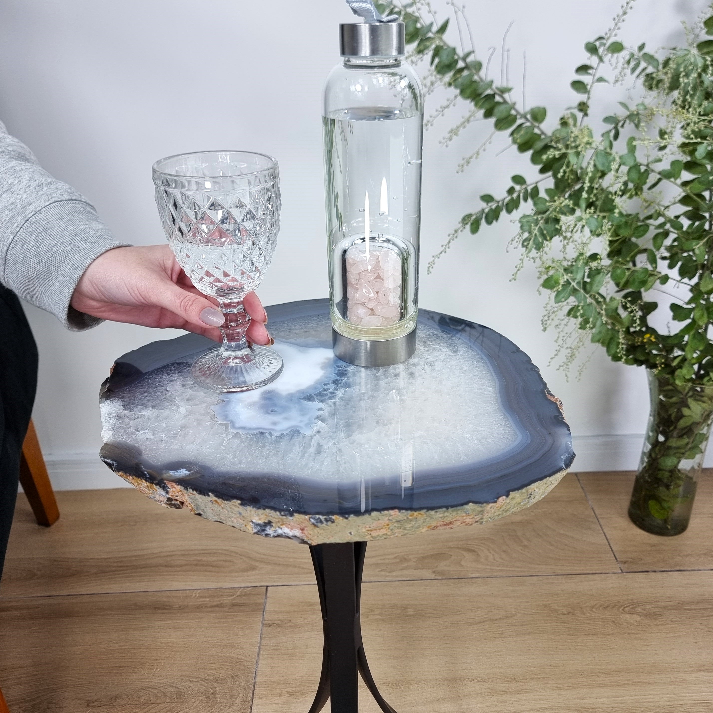 Natural Brazilian Agate Side Table on a black metal base 23 inches high, total weight 17 pounds