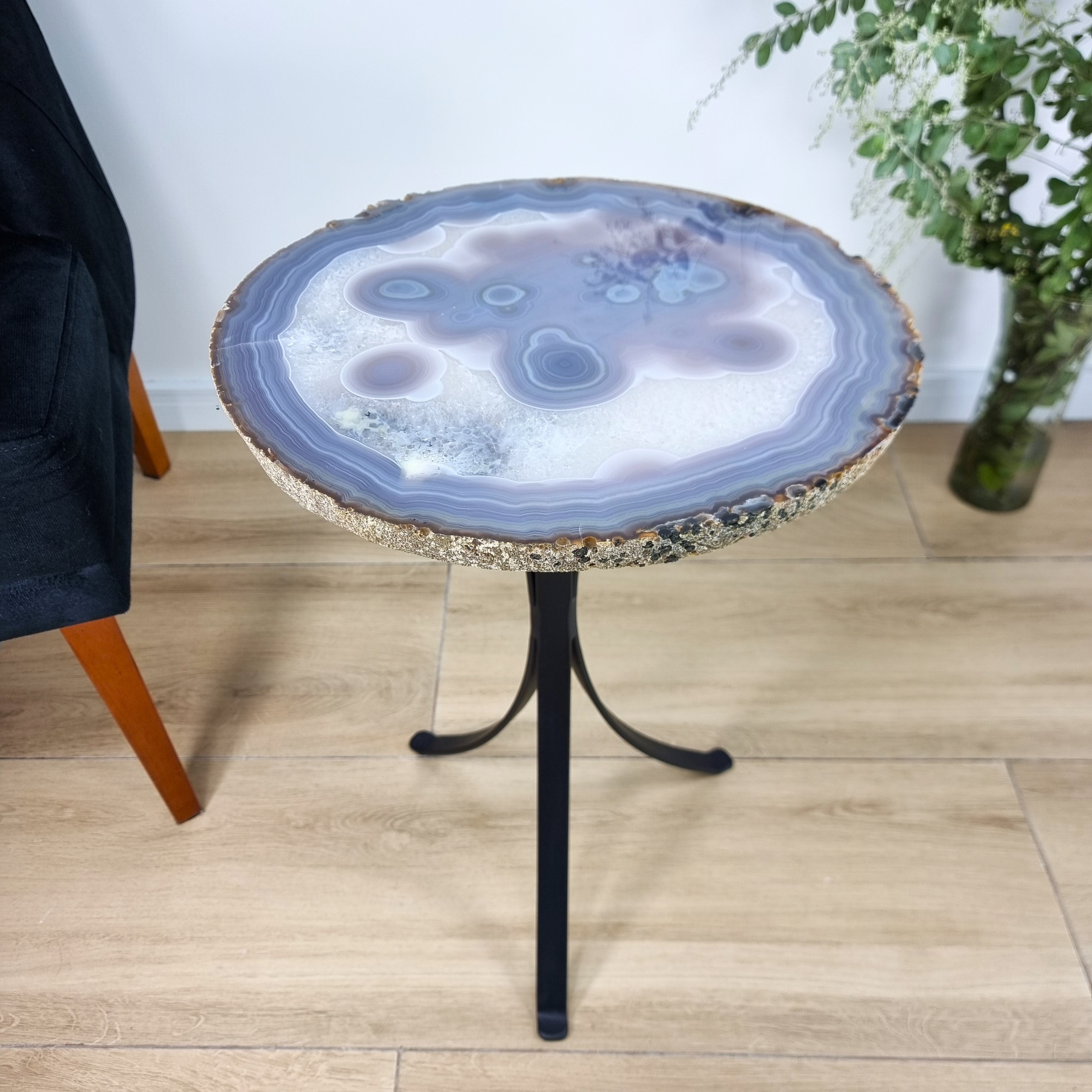 Natural Brazilian Agate Side Table on a black metal base 23 inches high, total weight 18 pounds