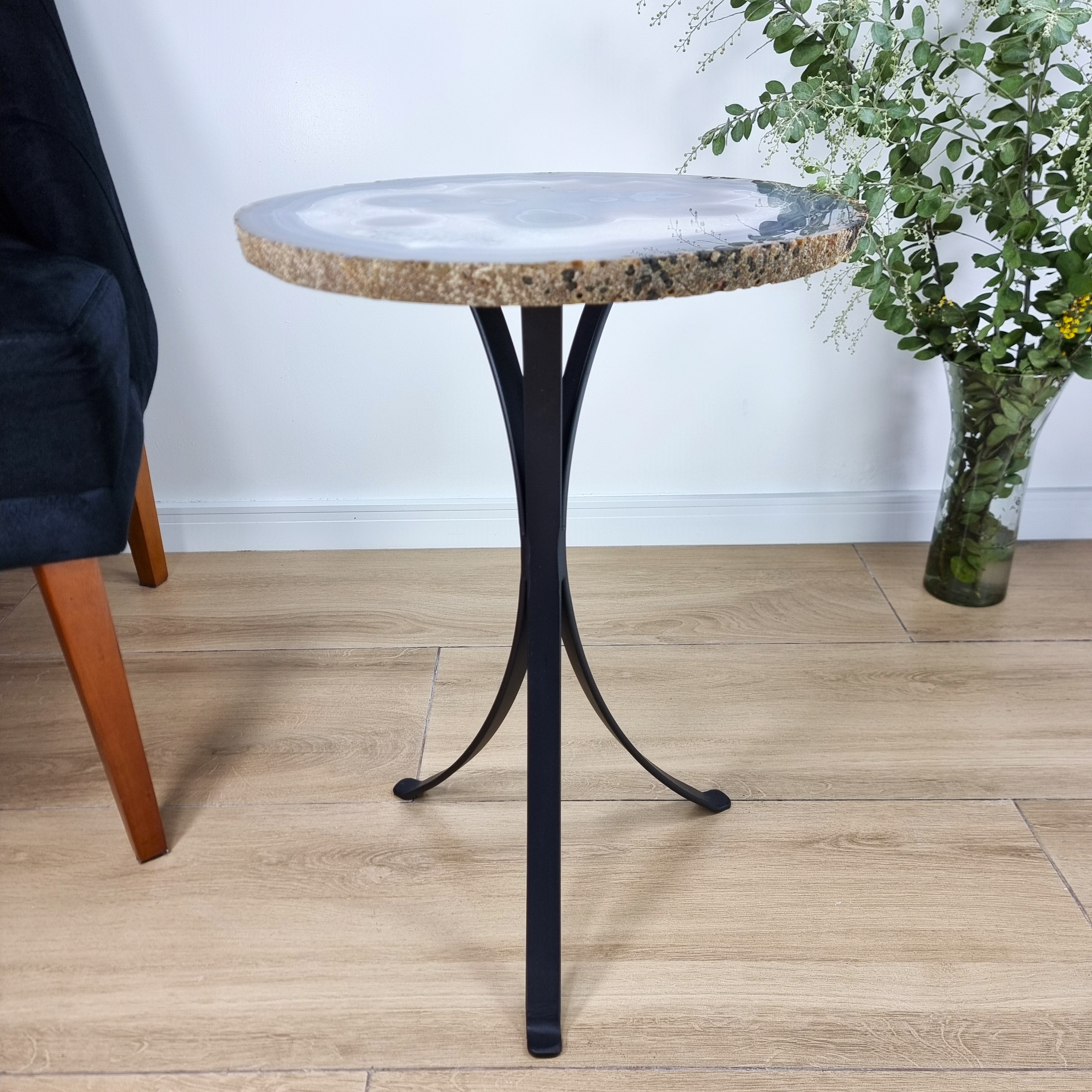 Natural Brazilian Agate Side Table on a black metal base 23 inches high, total weight 18 pounds