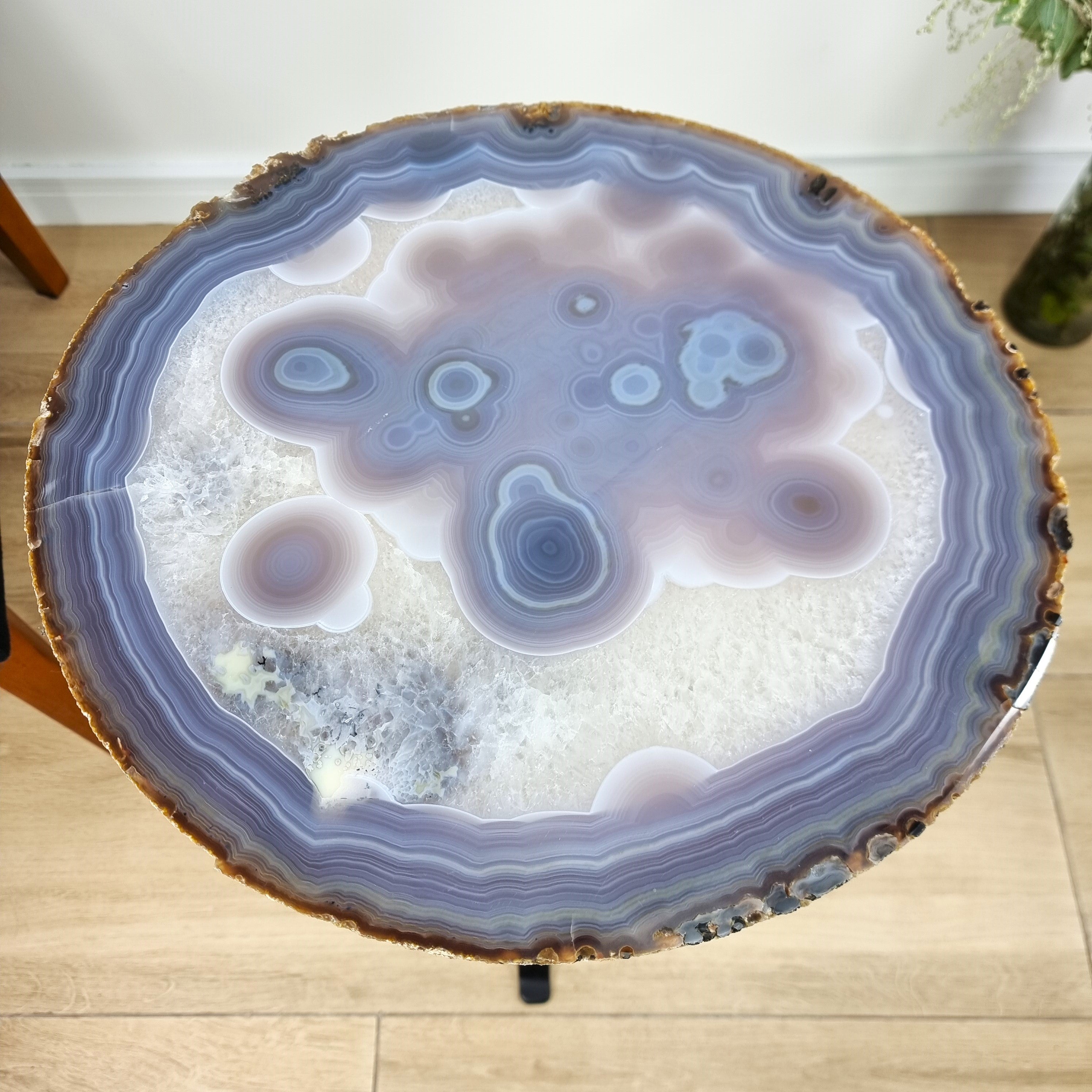 Natural Brazilian Agate Side Table on a black metal base 23 inches high, total weight 18 pounds