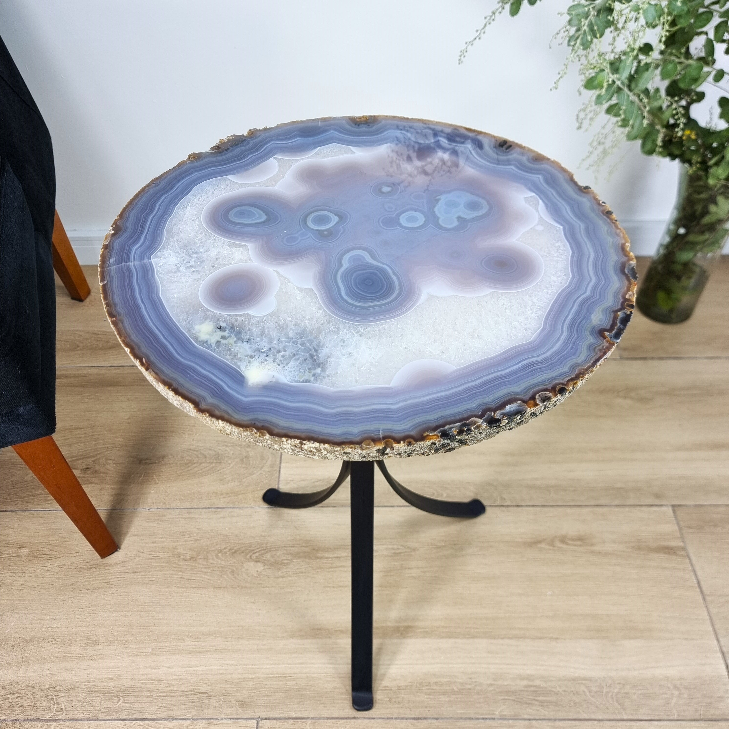 Natural Brazilian Agate Side Table on a black metal base 23 inches high, total weight 18 pounds