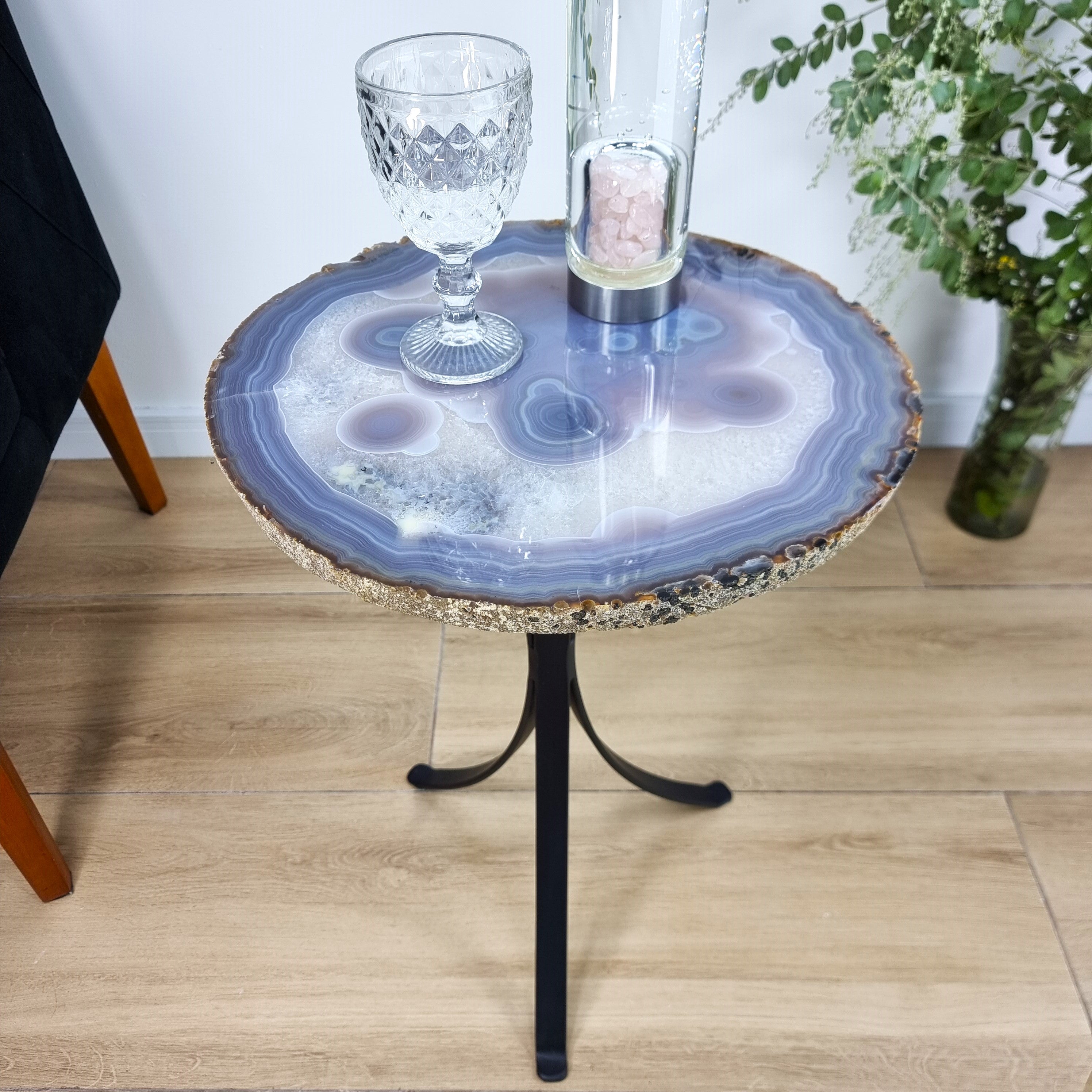 Natural Brazilian Agate Side Table on a black metal base 23 inches high, total weight 18 pounds