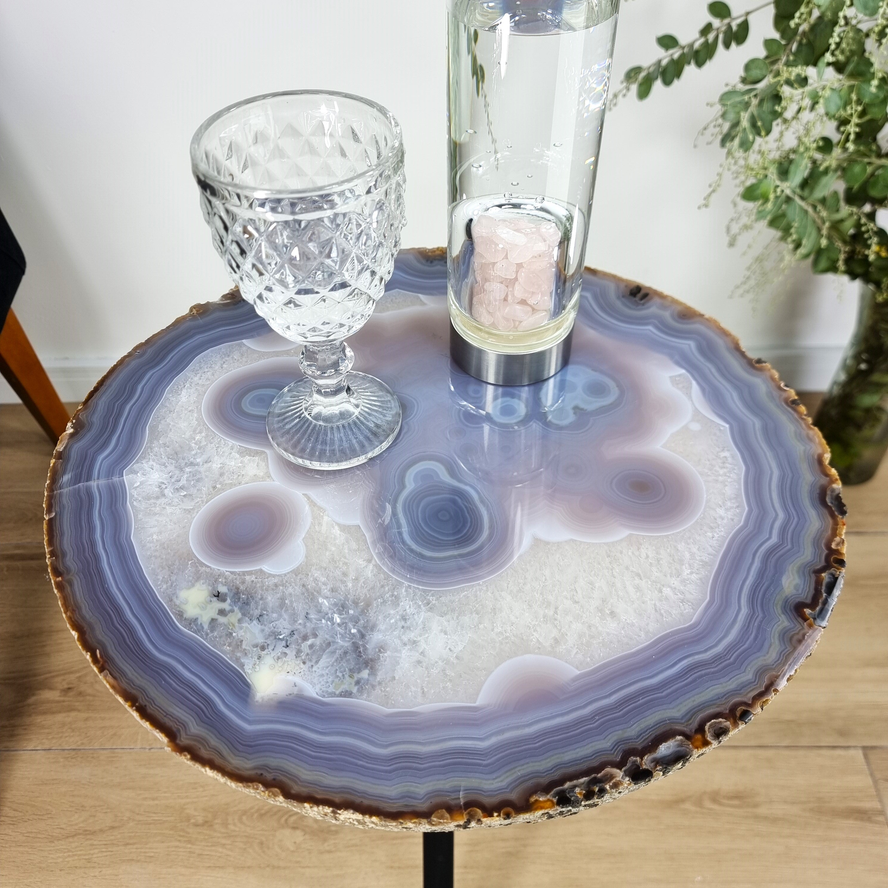 Natural Brazilian Agate Side Table on a black metal base 23 inches high, total weight 18 pounds