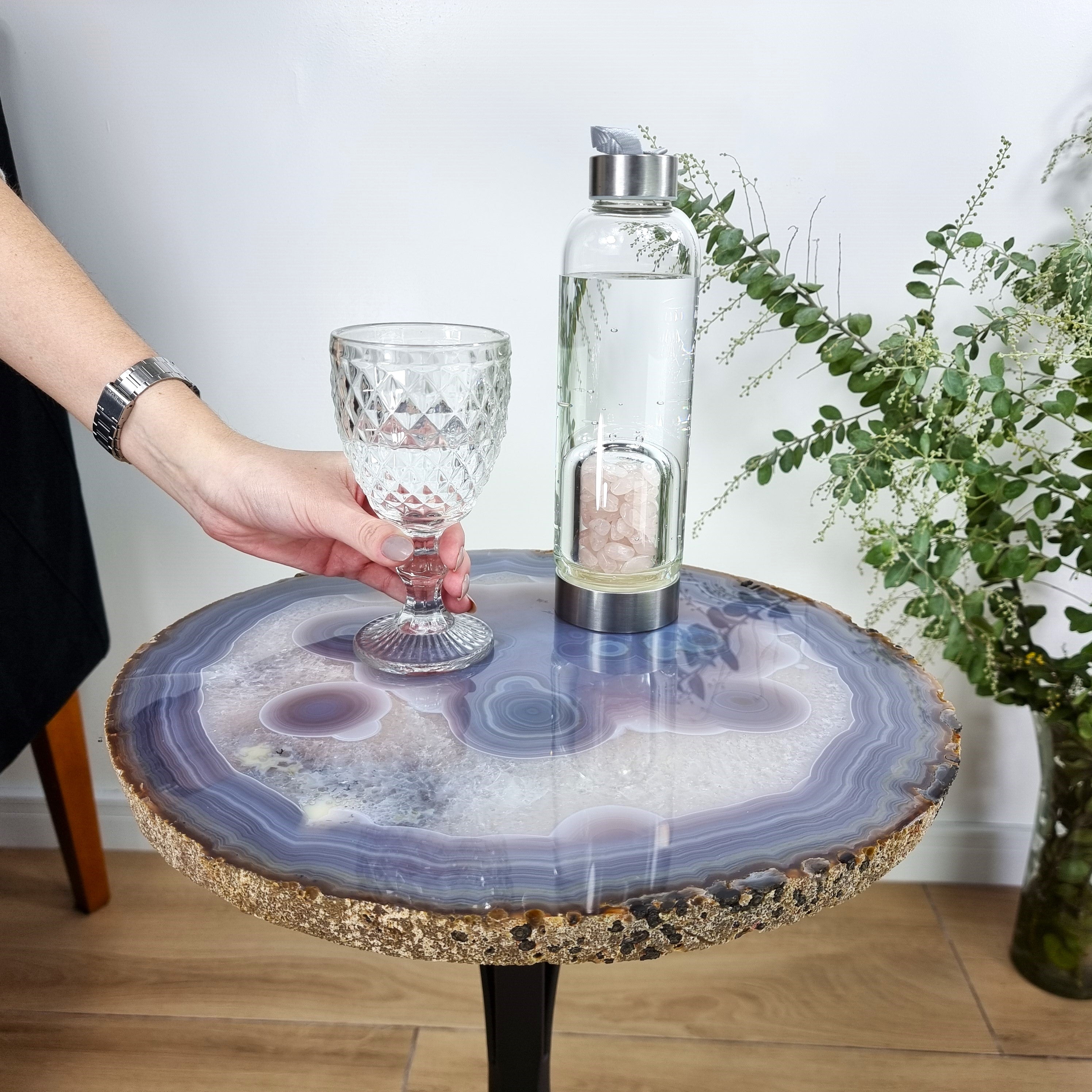 Natural Brazilian Agate Side Table on a black metal base 23 inches high, total weight 18 pounds