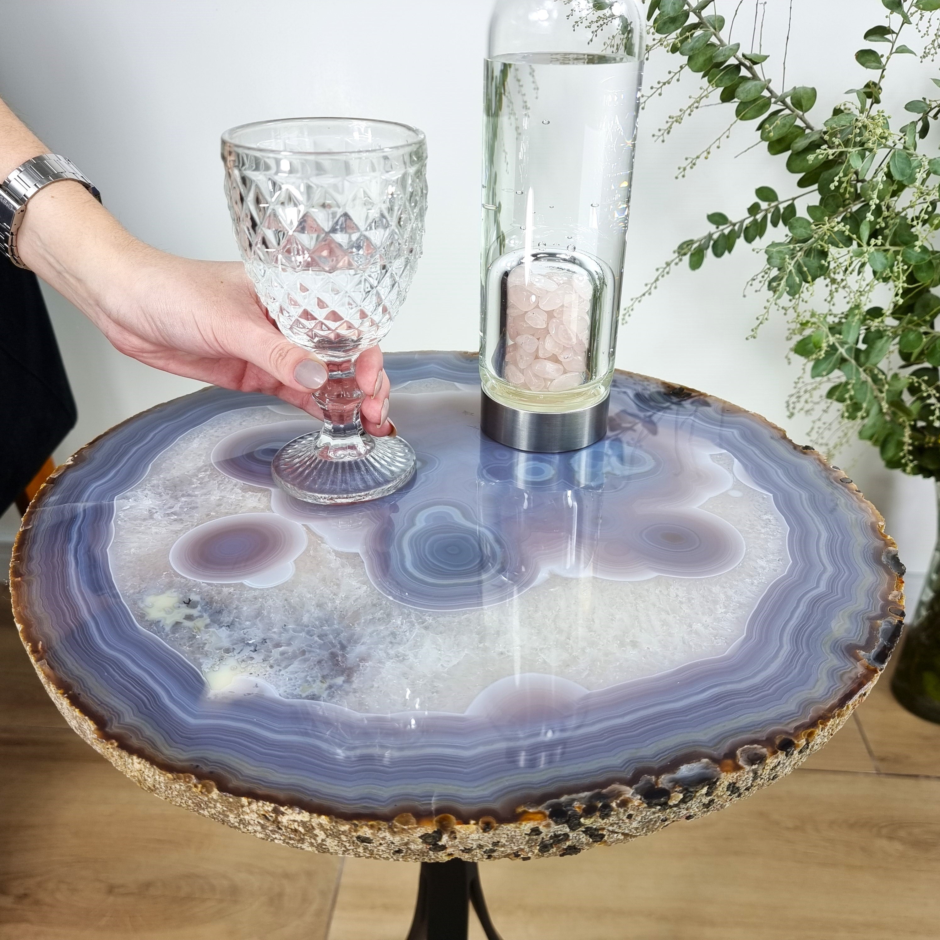 Natural Brazilian Agate Side Table on a black metal base 23 inches high, total weight 18 pounds