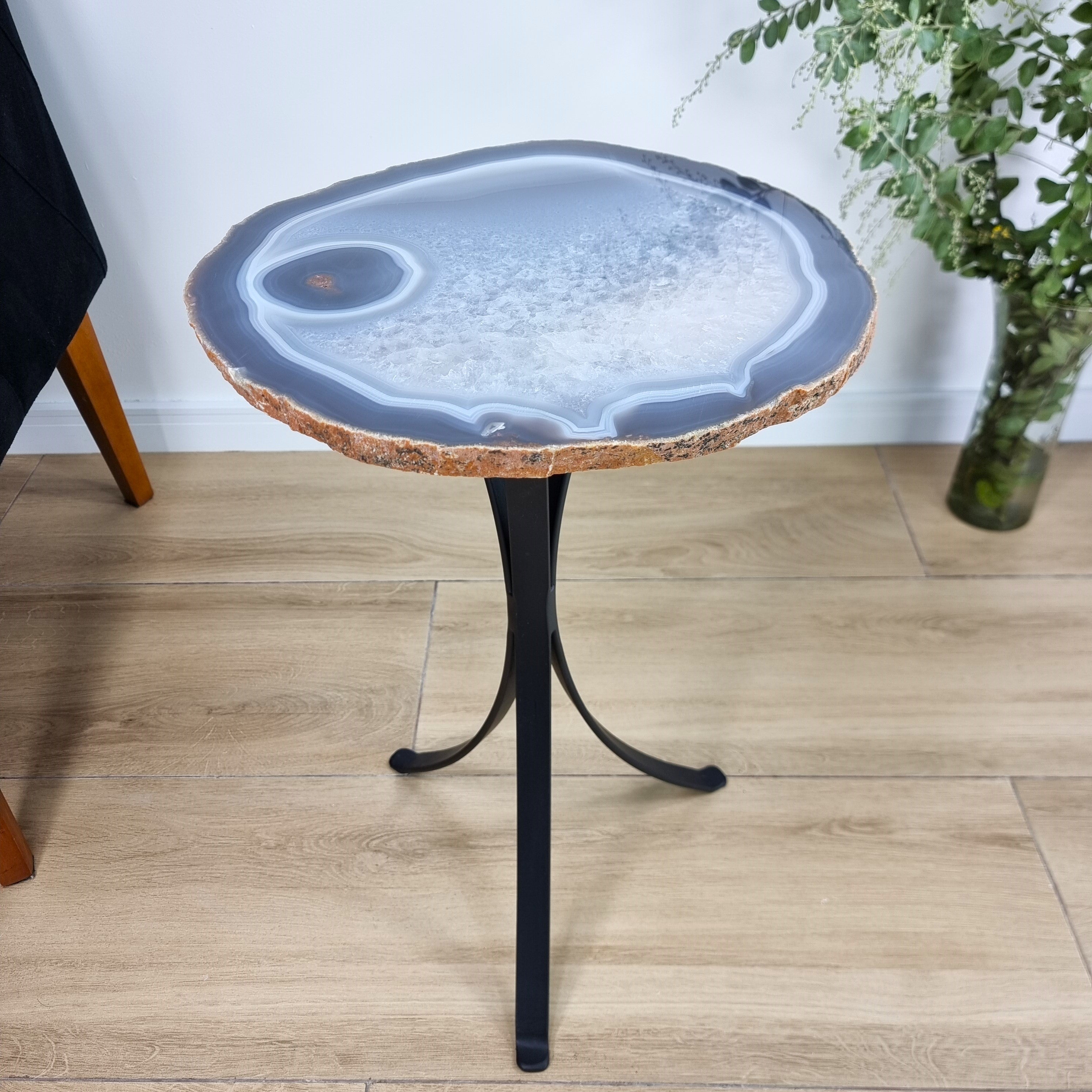 Natural Brazilian Agate Side Table on a black metal base 23 inches high, total weight 17 pounds