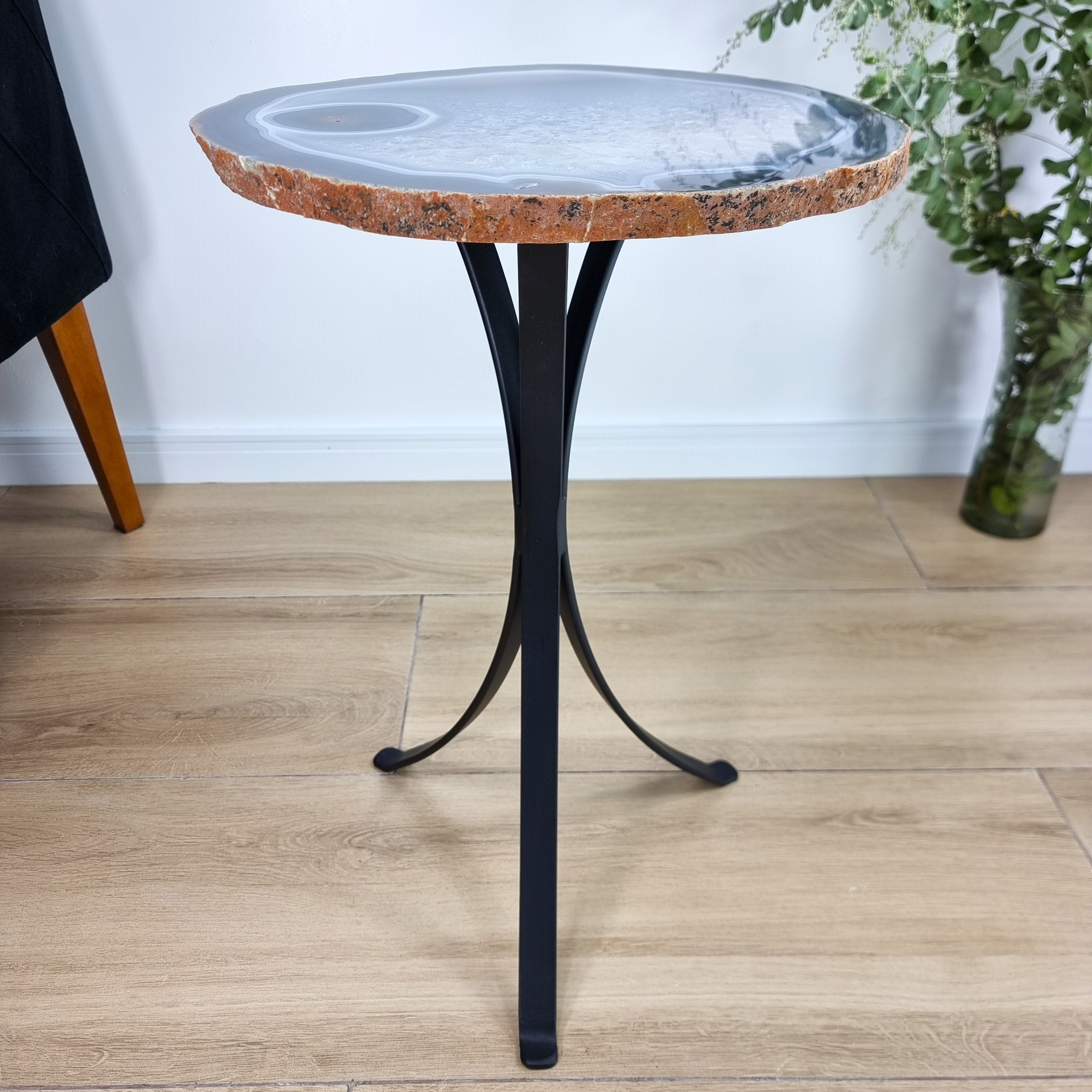 Natural Brazilian Agate Side Table on a black metal base 23 inches high, total weight 17 pounds