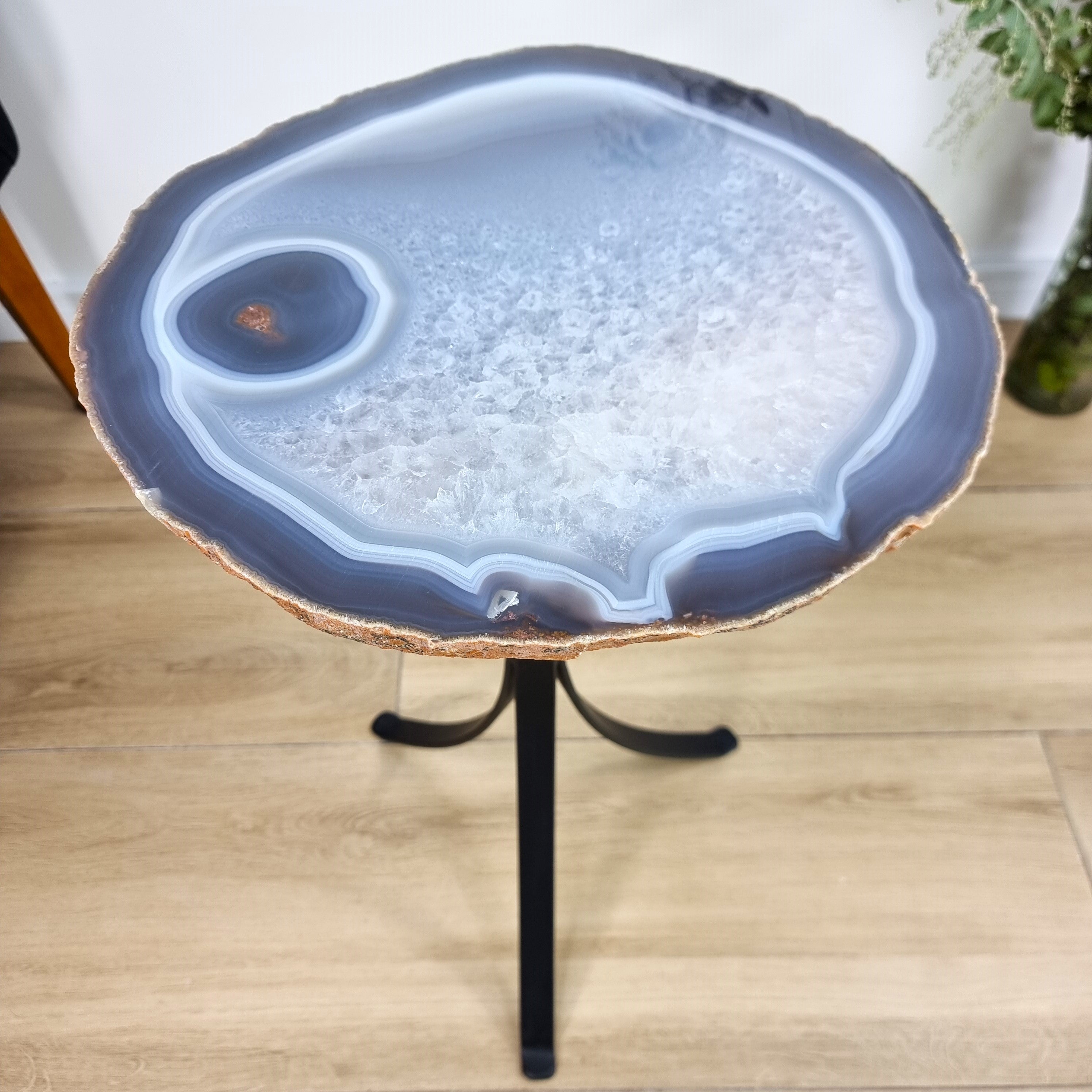 Natural Brazilian Agate Side Table on a black metal base 23 inches high, total weight 17 pounds