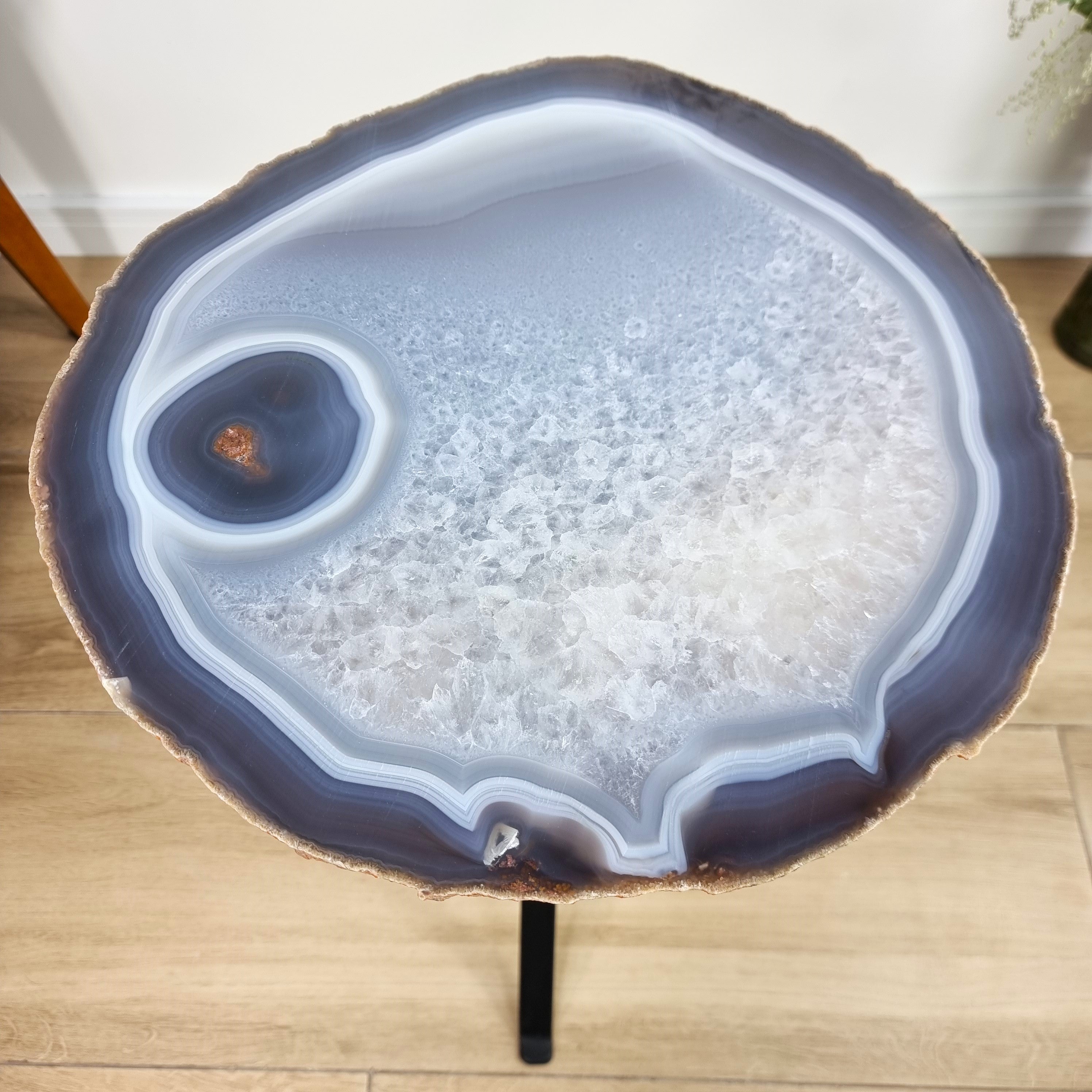 Natural Brazilian Agate Side Table on a black metal base 23 inches high, total weight 17 pounds