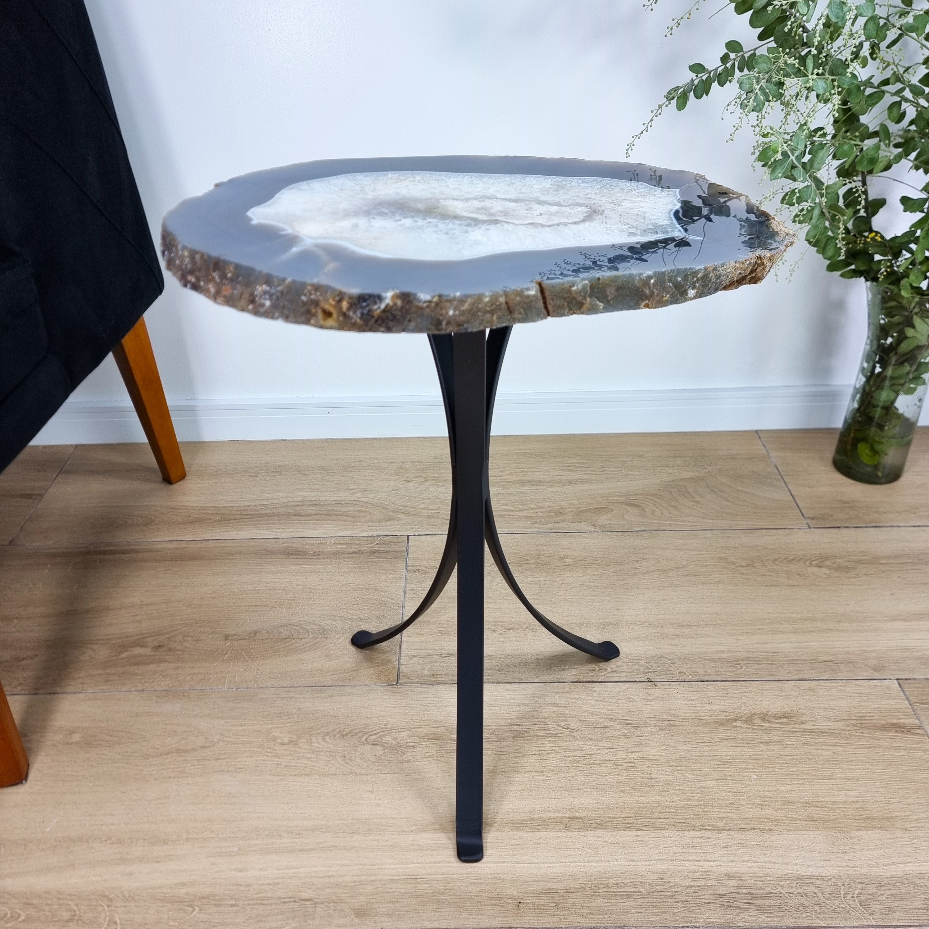 Natural Brazilian Agate Side Table on a black metal base 23 inches high, total weight 20 pounds