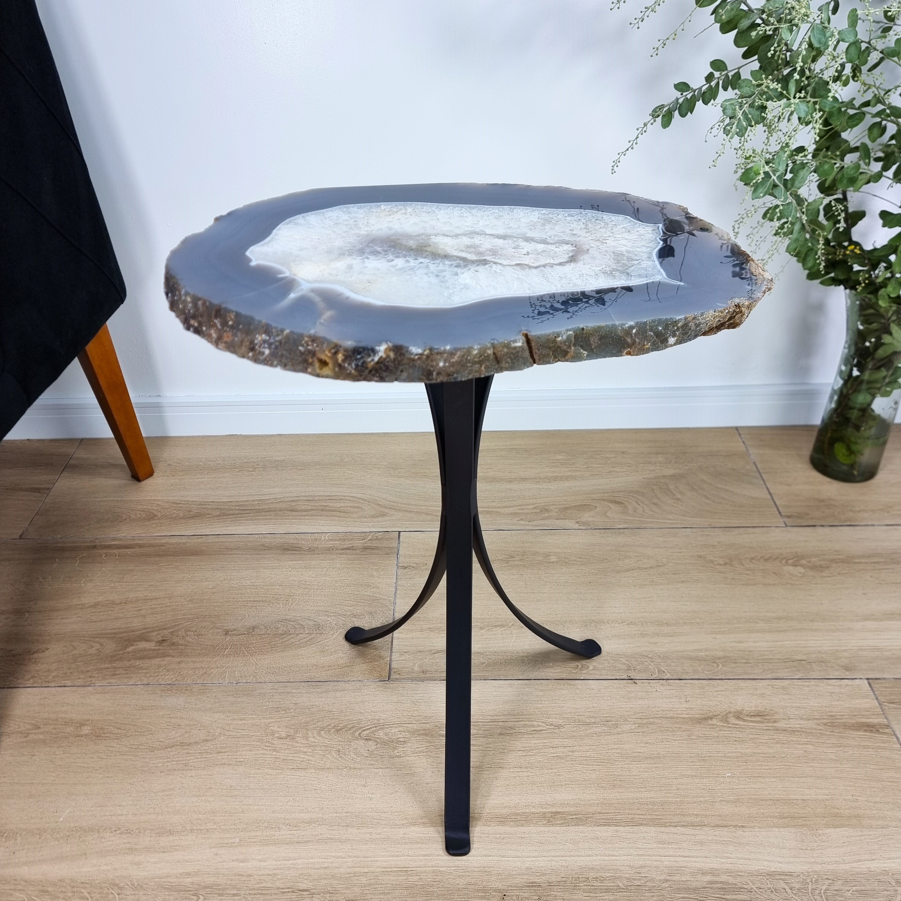 Natural Brazilian Agate Side Table on a black metal base 23 inches high, total weight 20 pounds