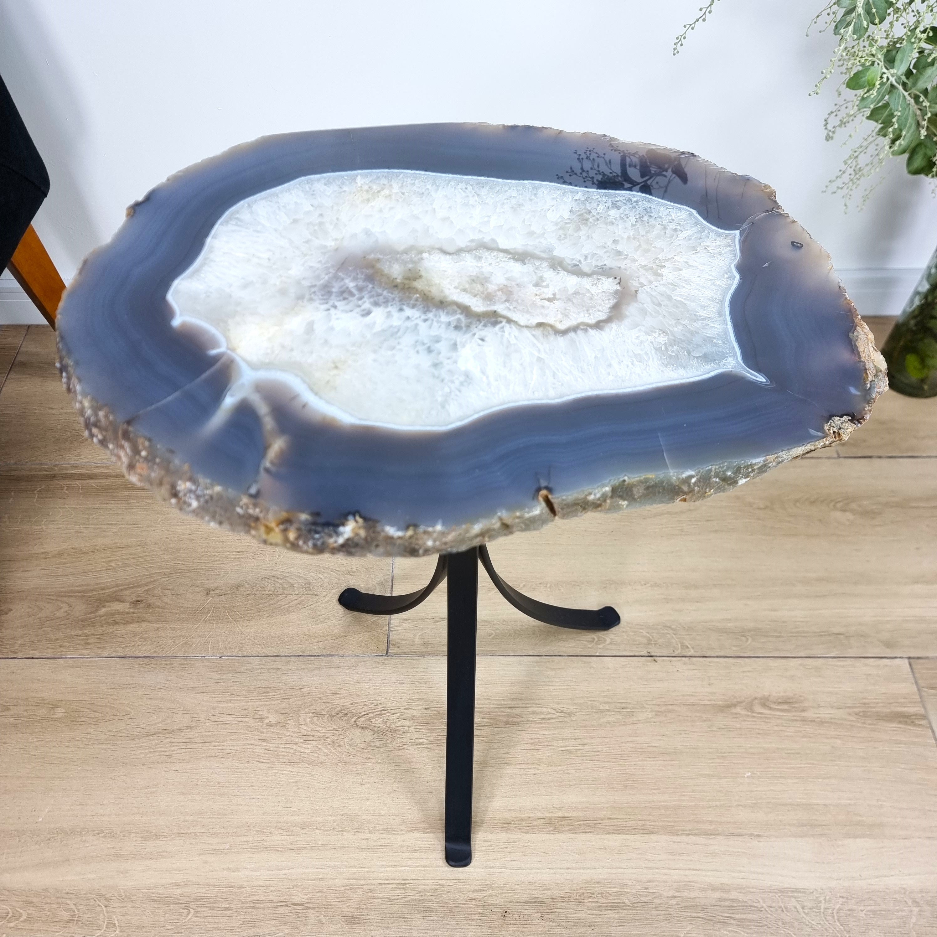 Natural Brazilian Agate Side Table on a black metal base 23 inches high, total weight 20 pounds