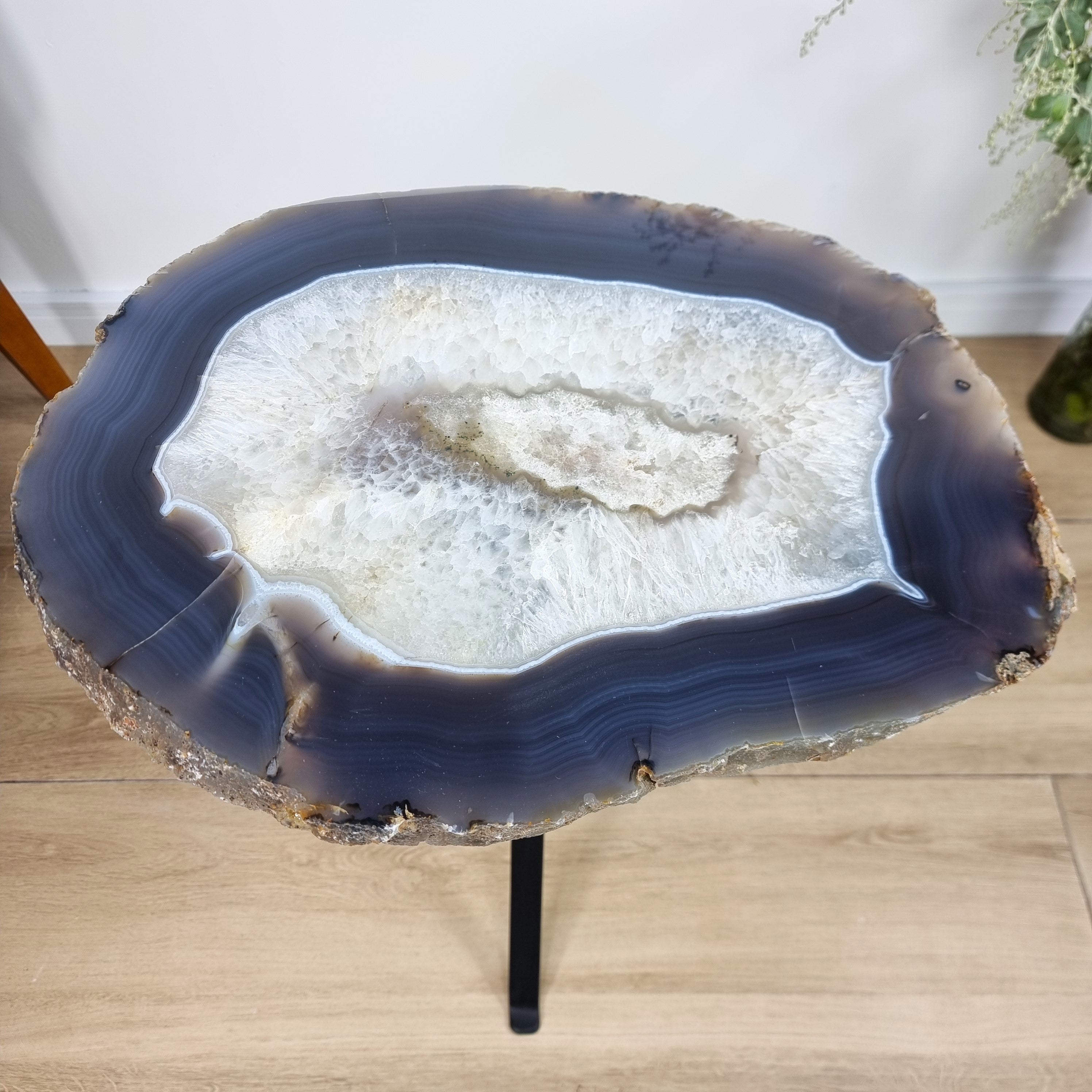 Natural Brazilian Agate Side Table on a black metal base 23 inches high, total weight 20 pounds