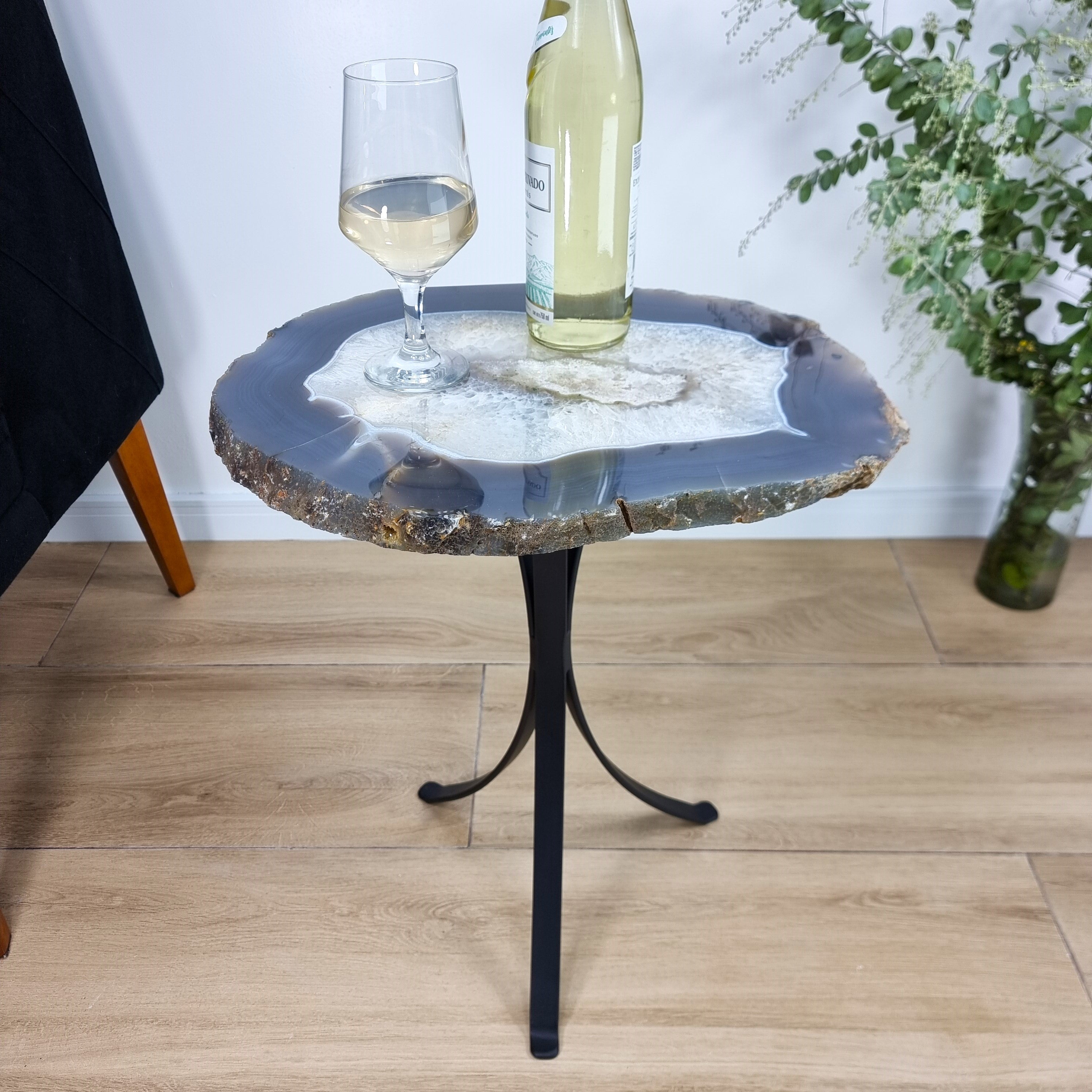 Natural Brazilian Agate Side Table on a black metal base 23 inches high, total weight 20 pounds