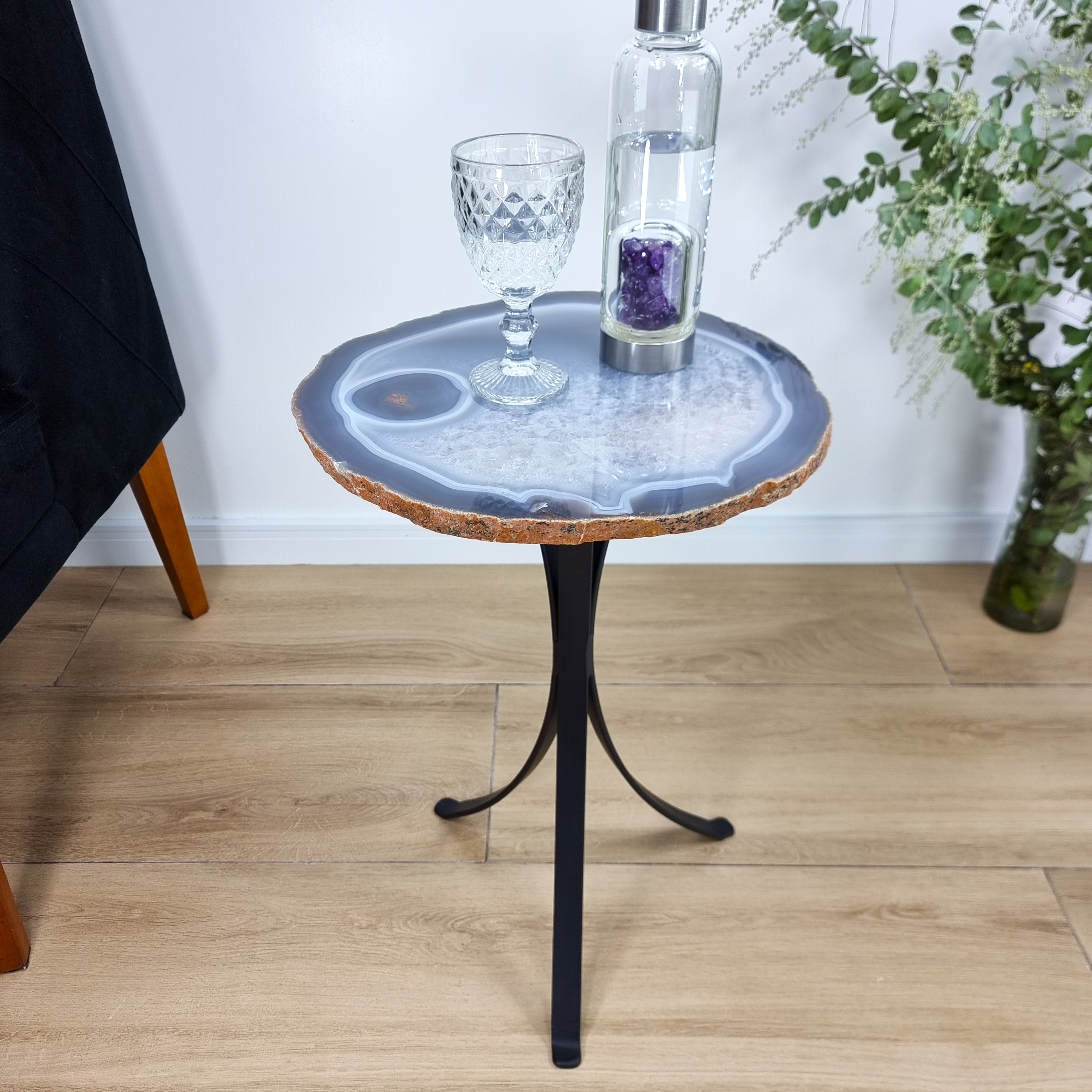 Natural Brazilian Agate Side Table on a black metal base 23 inches high, total weight 17 pounds