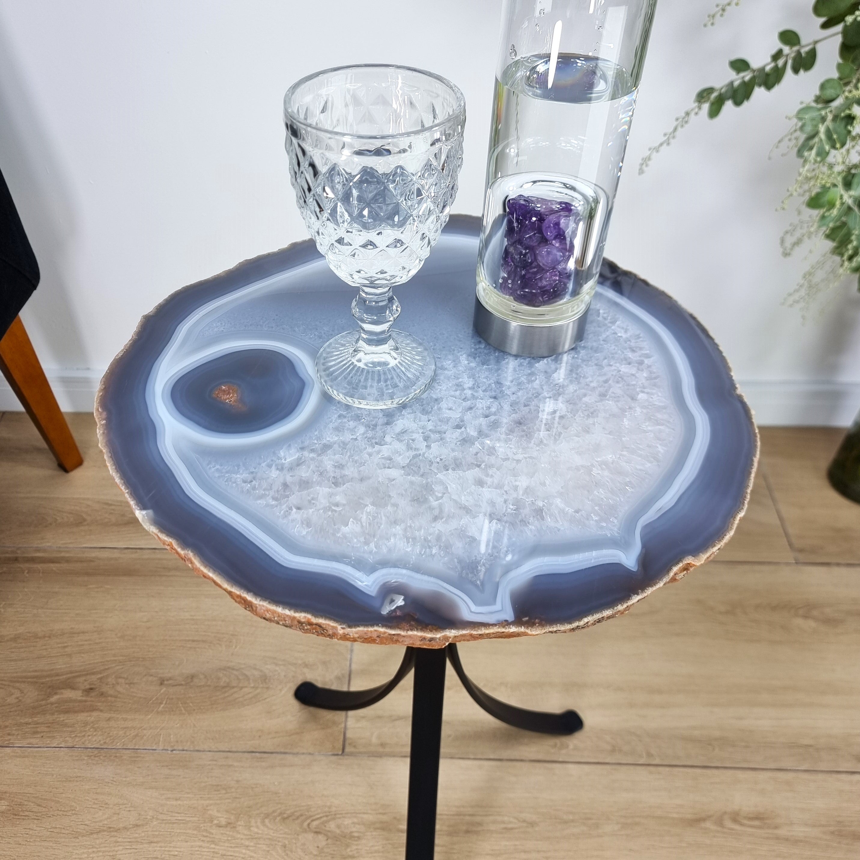 Natural Brazilian Agate Side Table on a black metal base 23 inches high, total weight 17 pounds