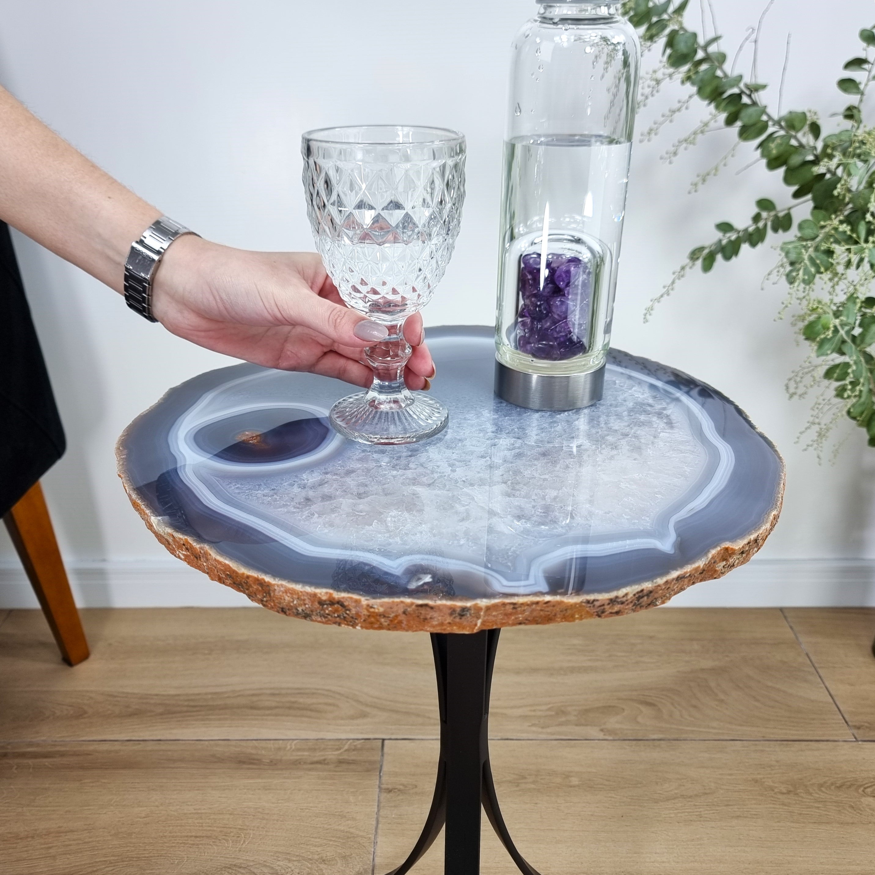 Natural Brazilian Agate Side Table on a black metal base 23 inches high, total weight 17 pounds