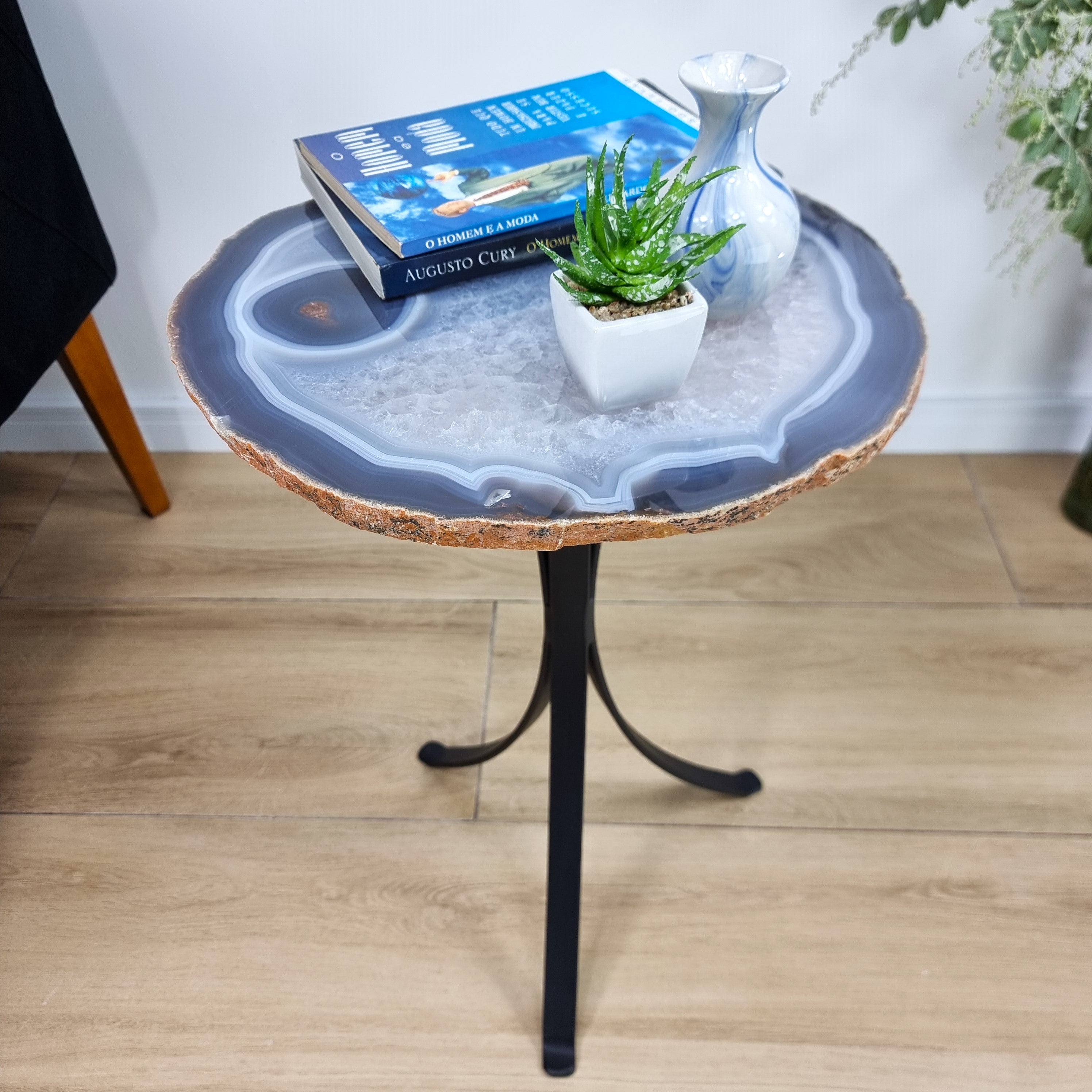 Natural Brazilian Agate Side Table on a black metal base 23 inches high, total weight 17 pounds