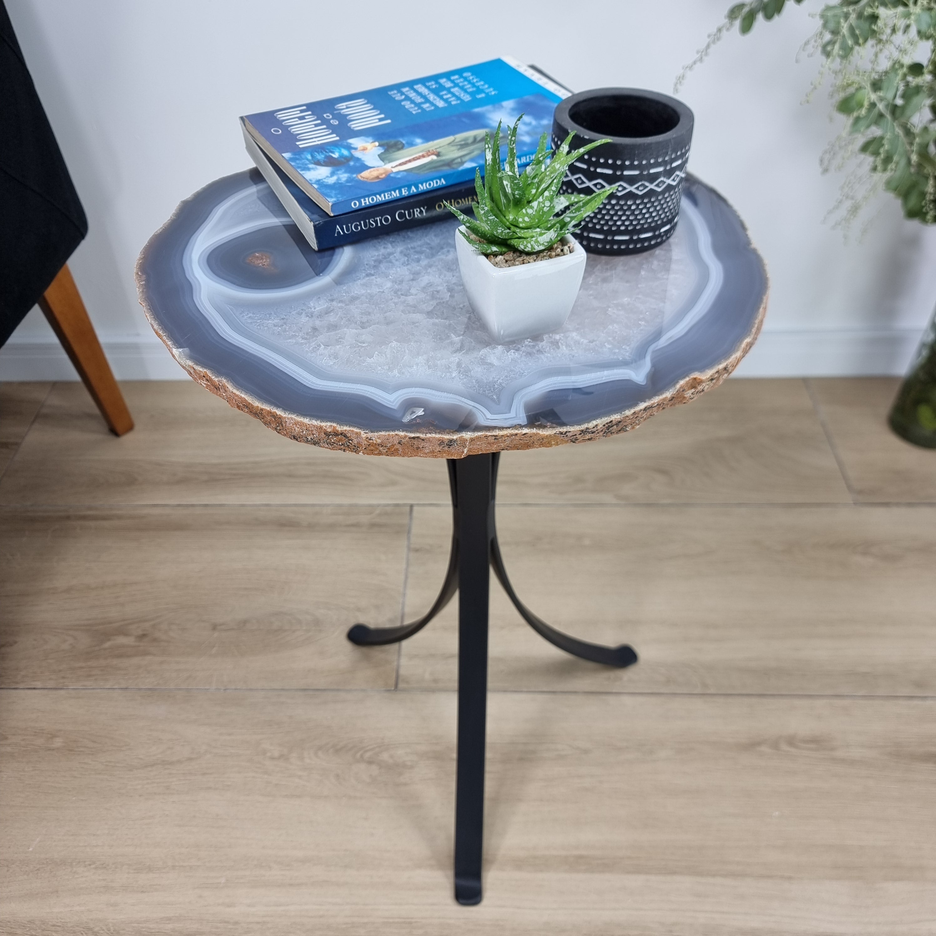 Side Table Natural Agates Thin Plates golden base 60 cm high, total weight 5 kg