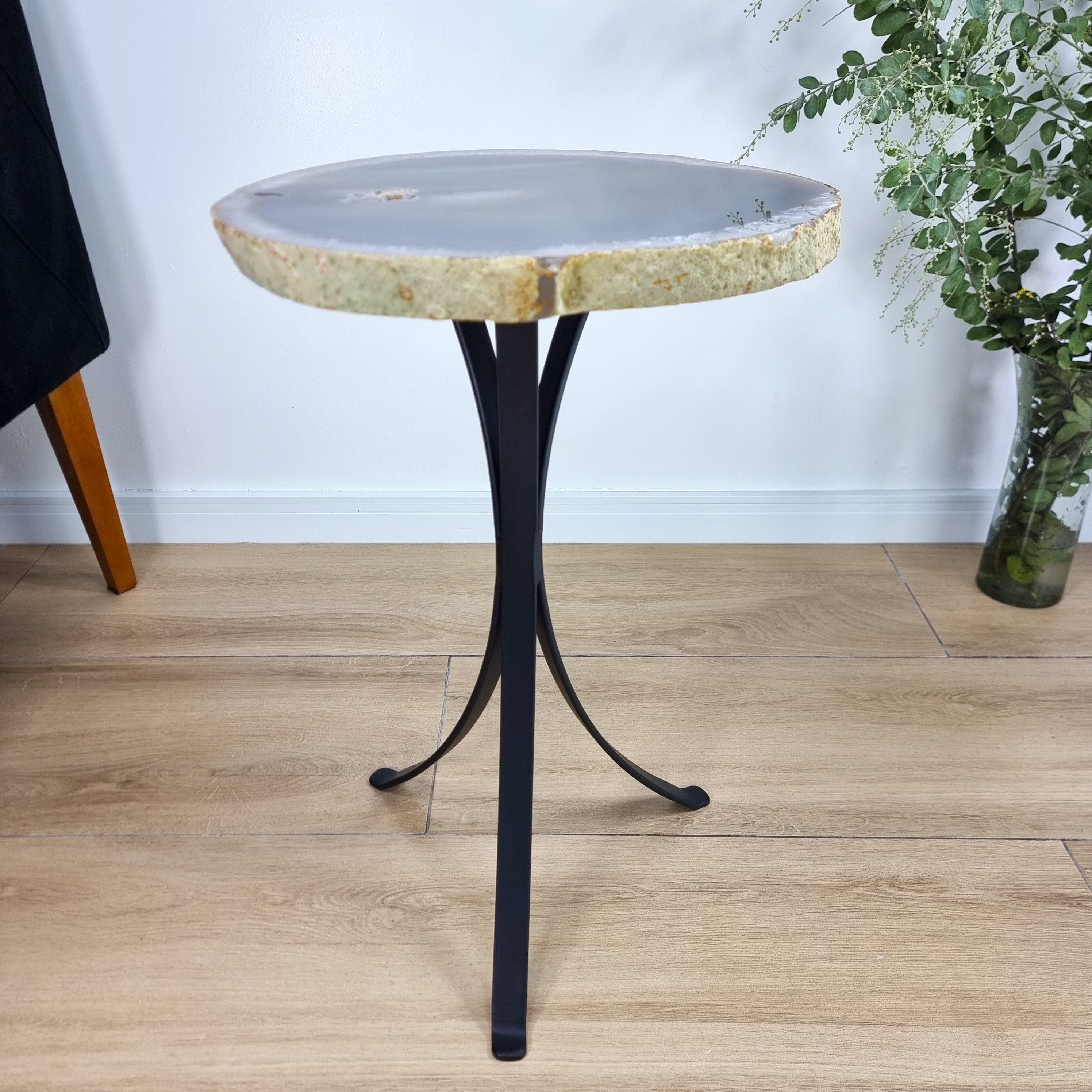 Natural Brazilian Agate Side Table on a black metal base 23 inches high, total weight 19 pounds