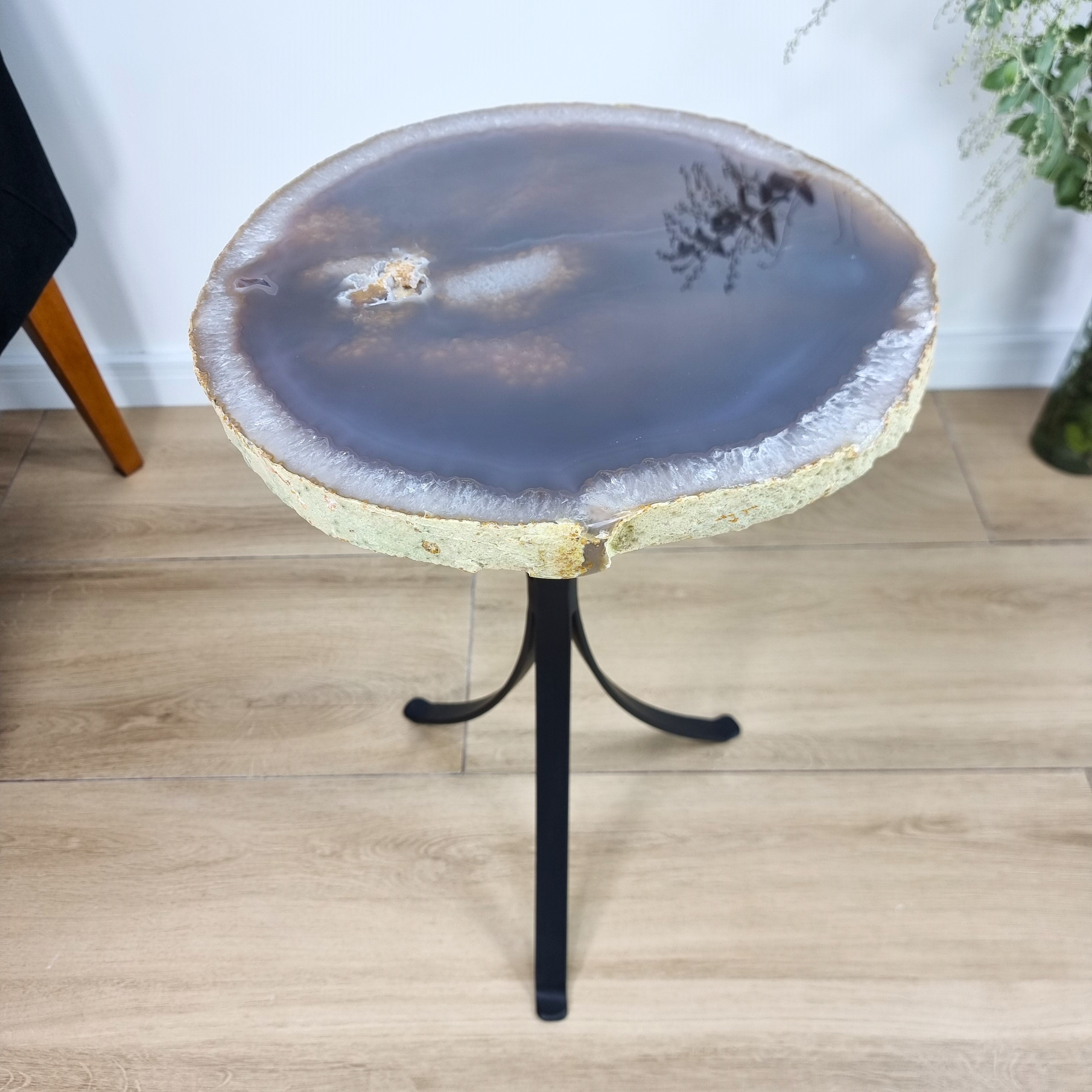 Natural Brazilian Agate Side Table on a black metal base 23 inches high, total weight 19 pounds