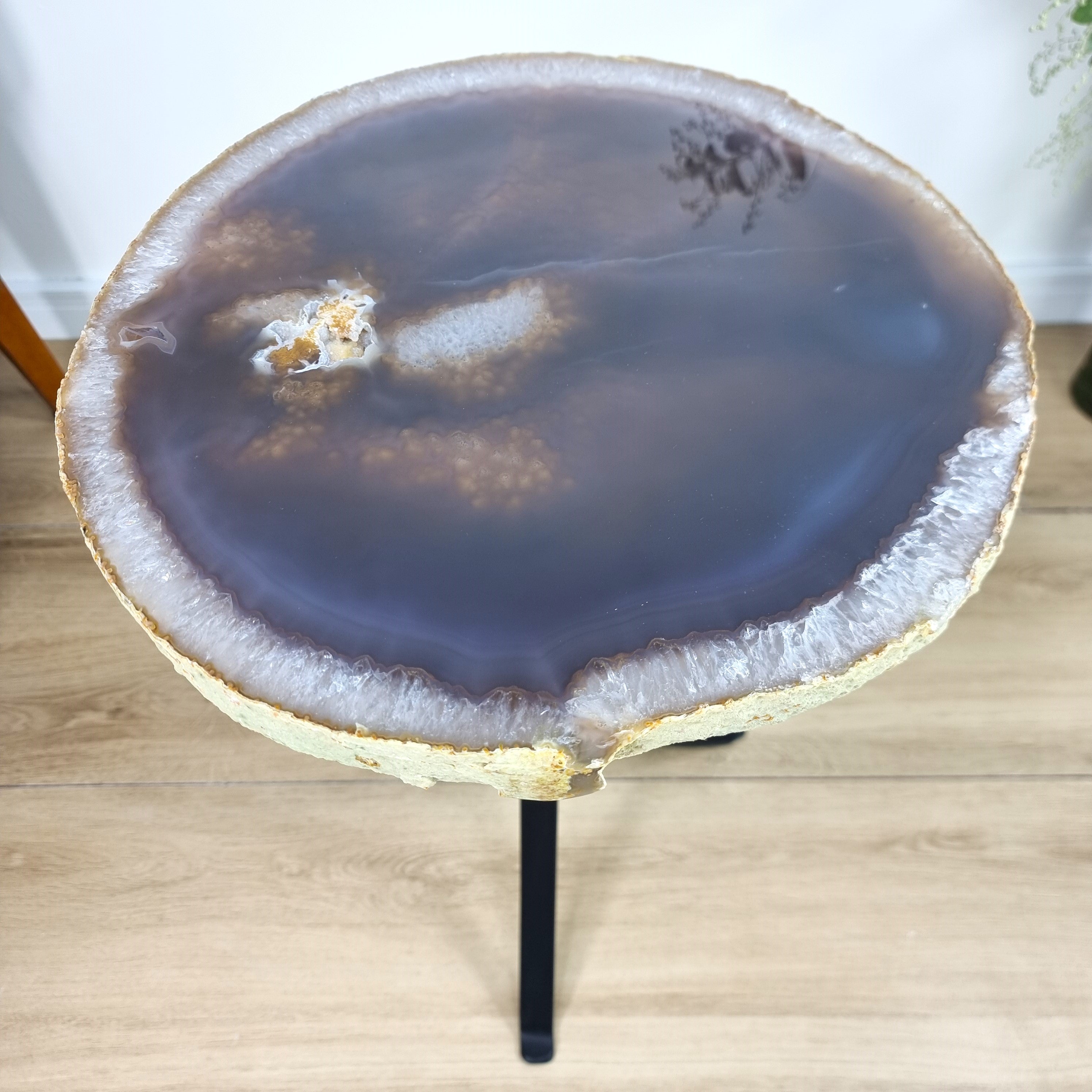 Natural Brazilian Agate Side Table on a black metal base 23 inches high, total weight 19 pounds