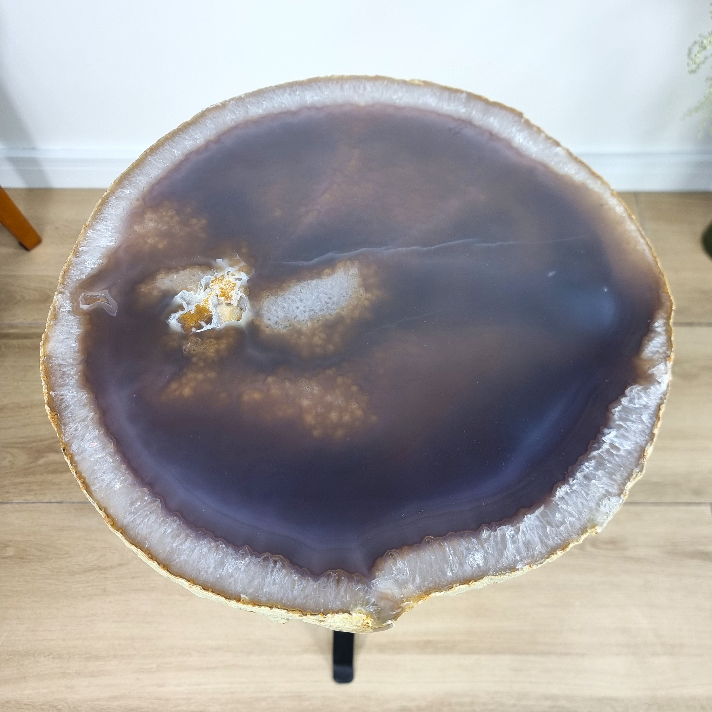 Natural Brazilian Agate Side Table on a black metal base 23 inches high, total weight 19 pounds