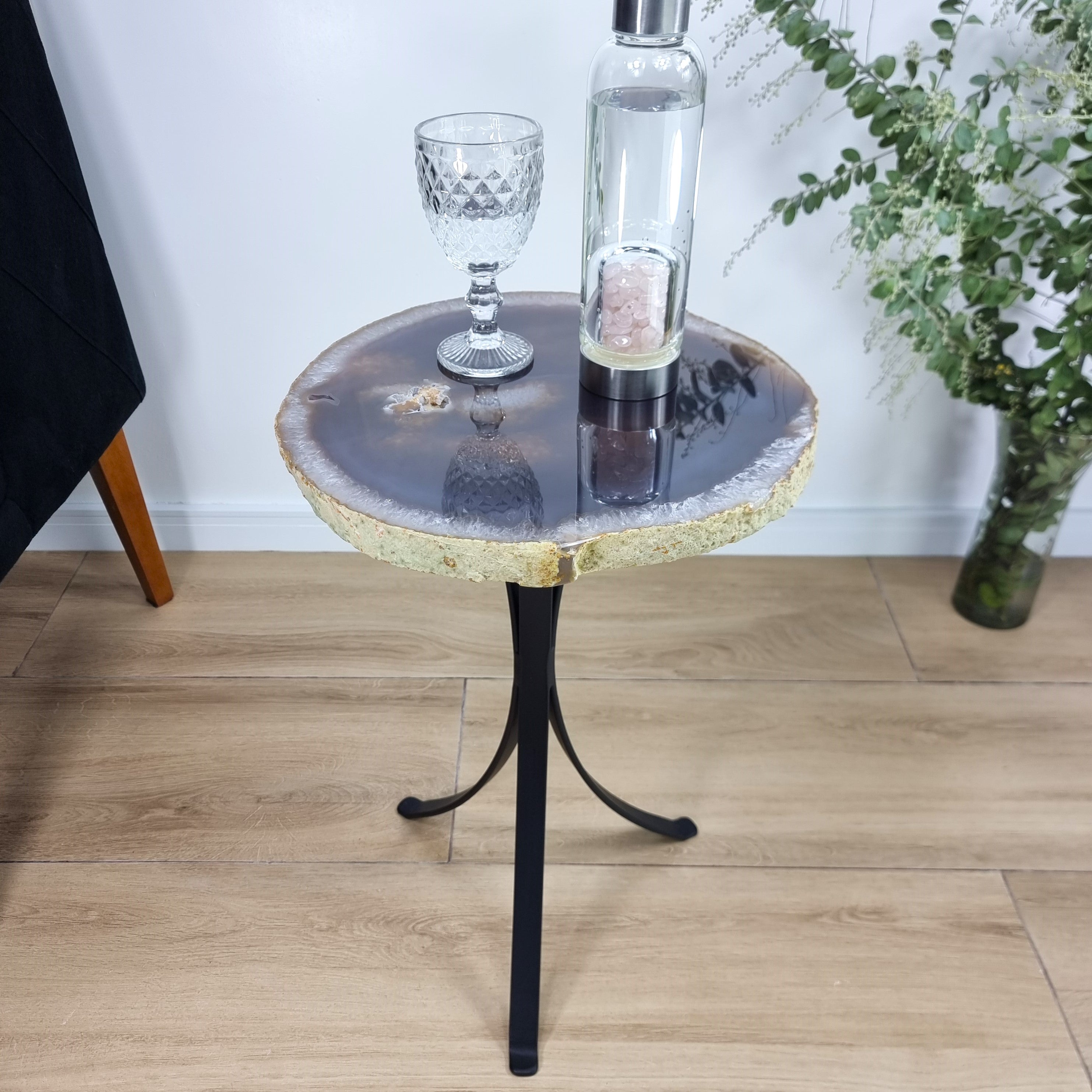 Natural Brazilian Agate Side Table on a black metal base 23 inches high, total weight 19 pounds