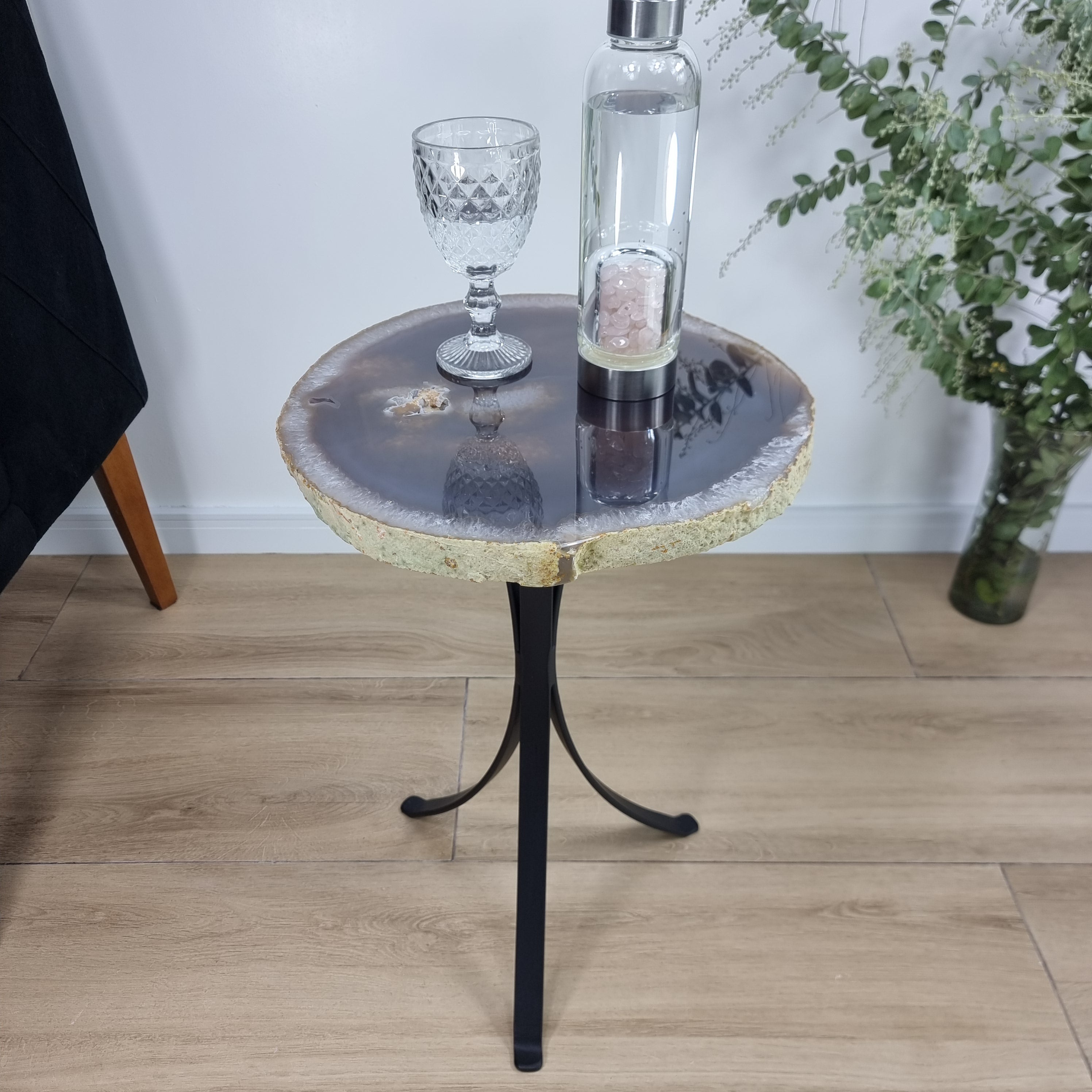 Side Table Natural Agates Thin Plates golden base 60 cm high, total weight 5 kg