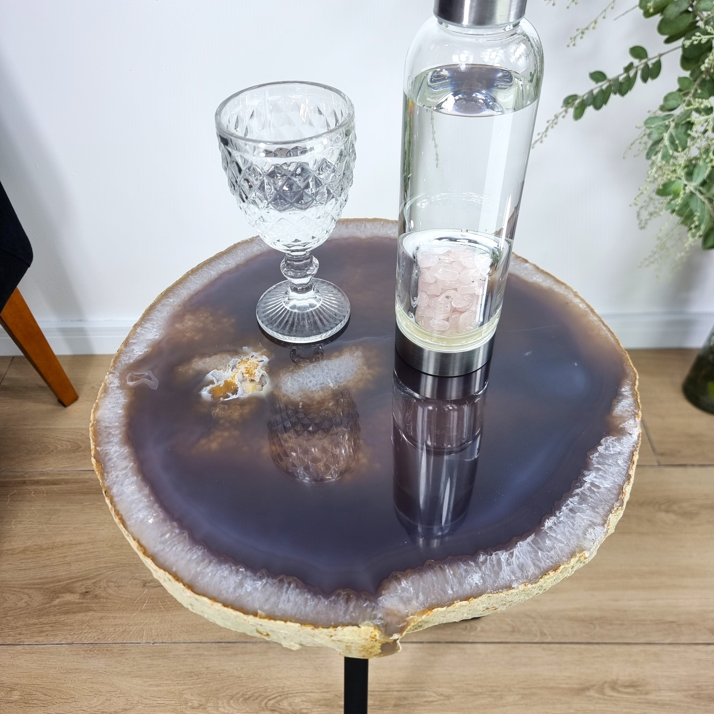 Natural Brazilian Agate Side Table on a black metal base 23 inches high, total weight 19 pounds