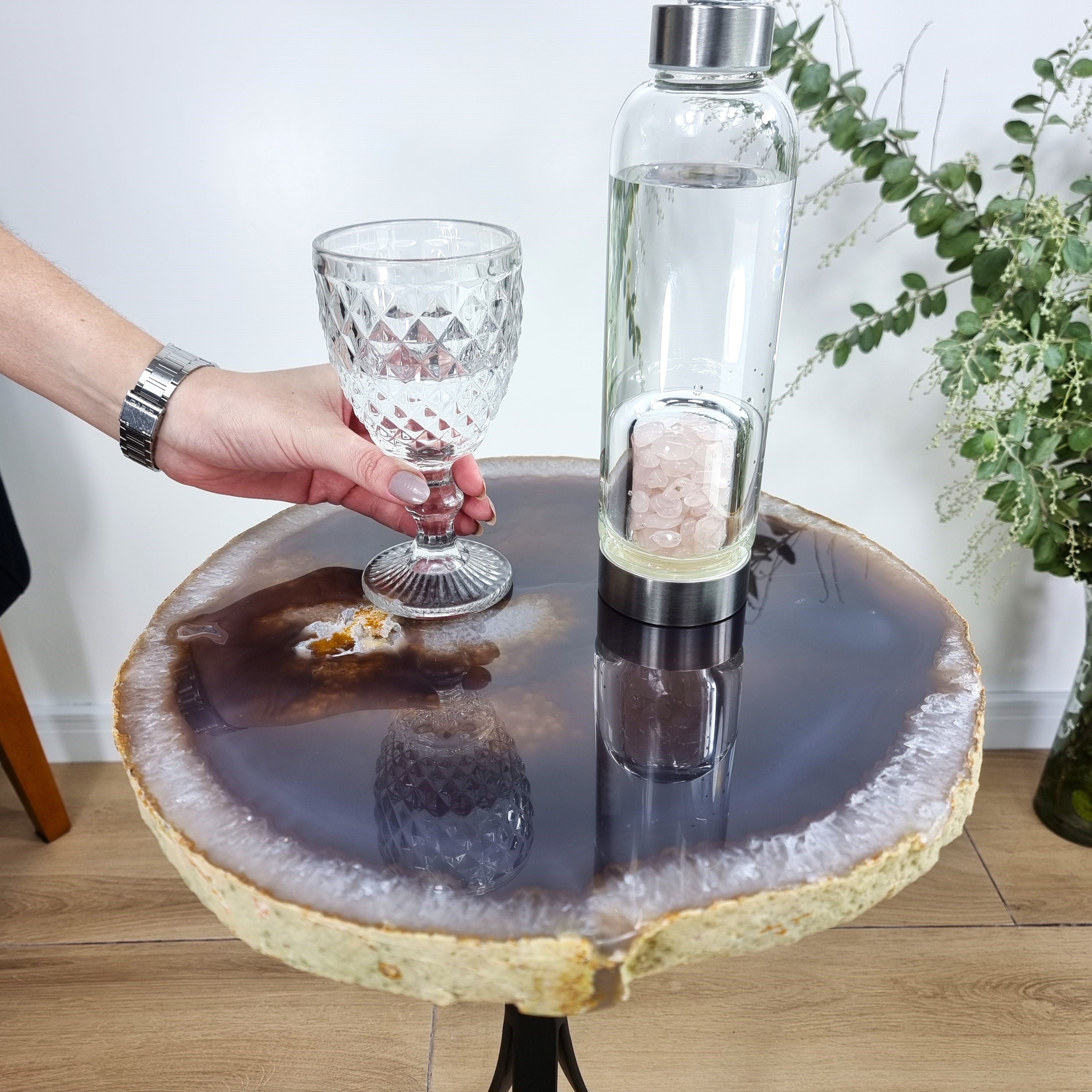 Natural Brazilian Agate Side Table on a black metal base 23 inches high, total weight 19 pounds