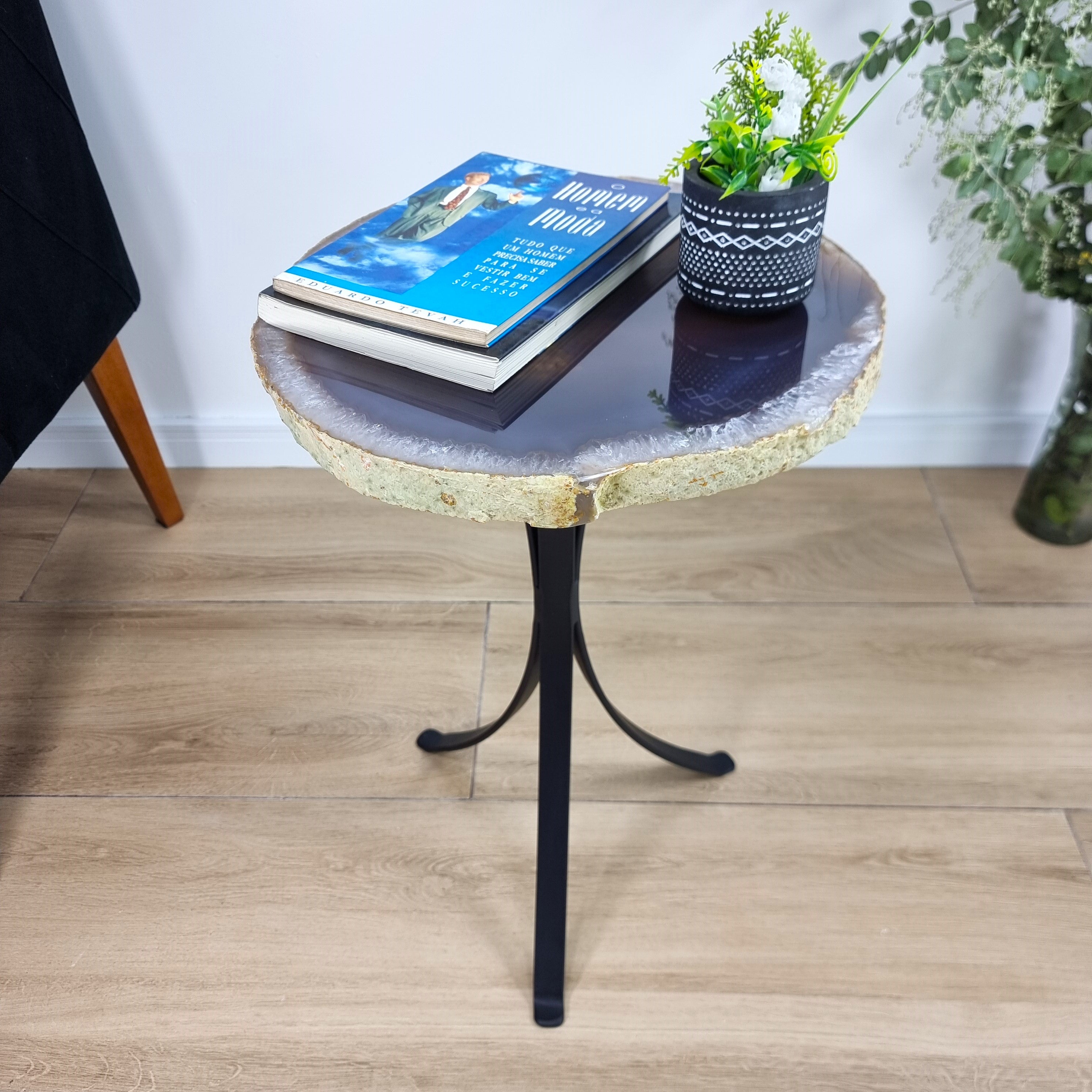 Natural Brazilian Agate Side Table on a black metal base 23 inches high, total weight 19 pounds