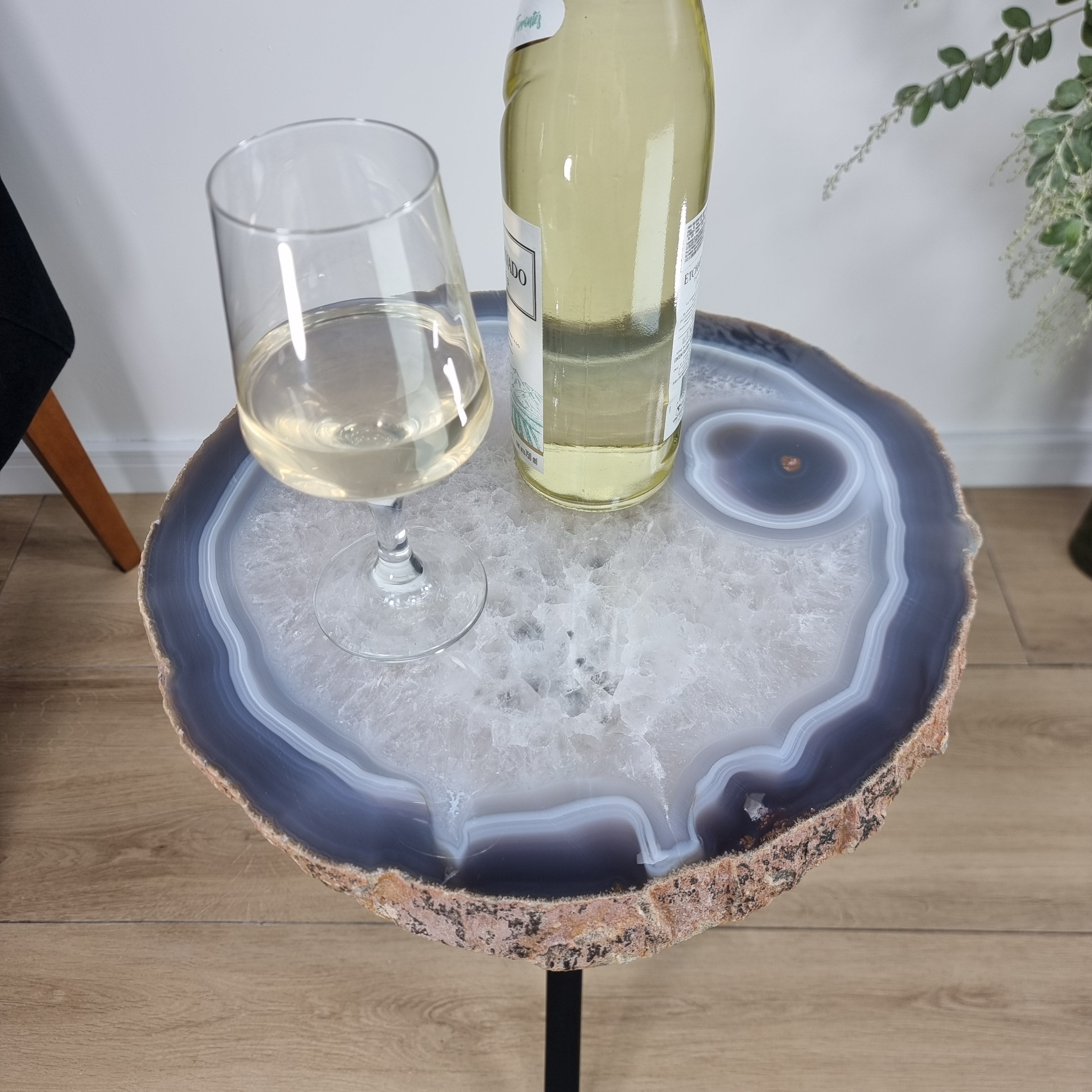 Natural Brazilian Agate Side Table on a black metal base 23 inches high, total weight 16 pounds