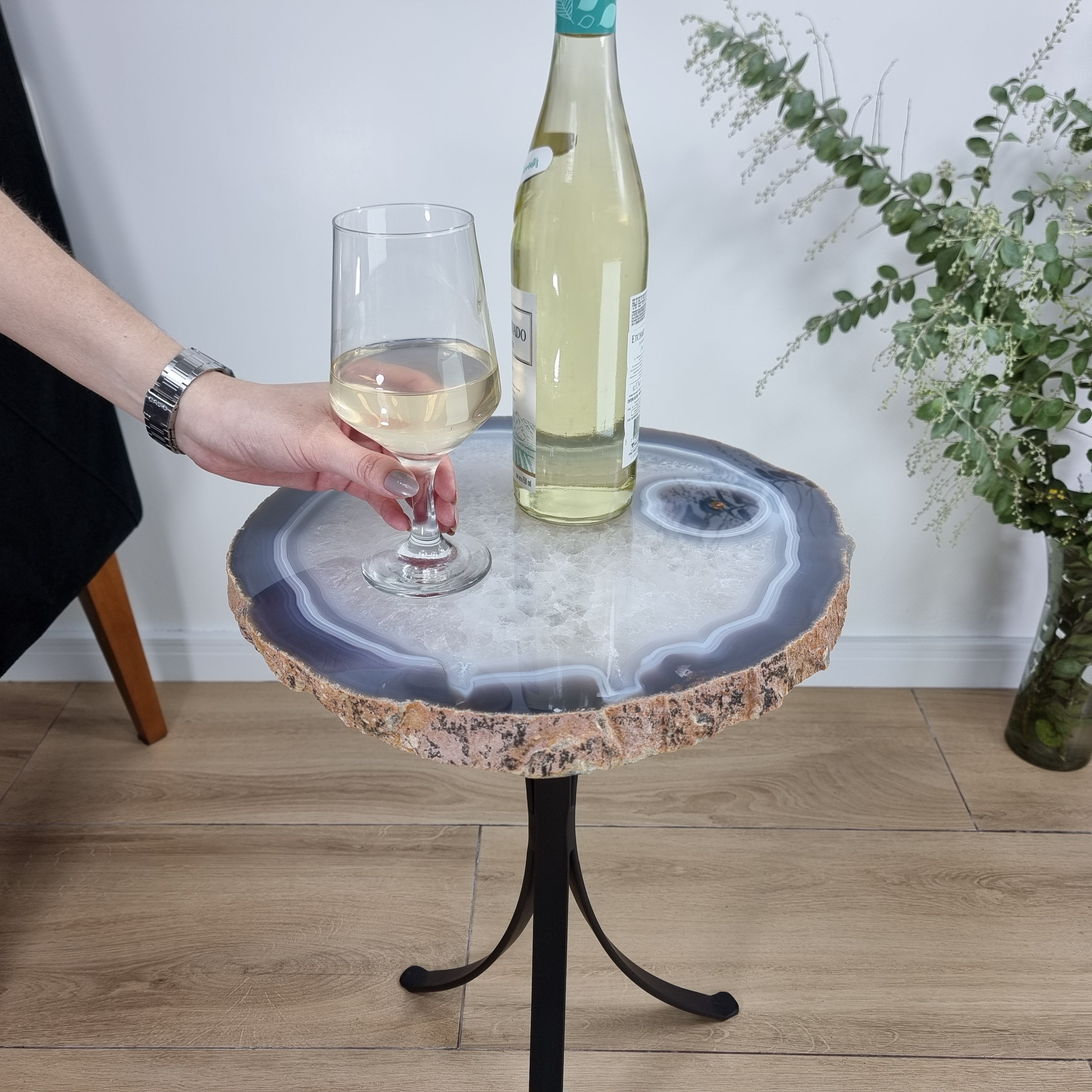 Natural Brazilian Agate Side Table on a black metal base 23 inches high, total weight 16 pounds