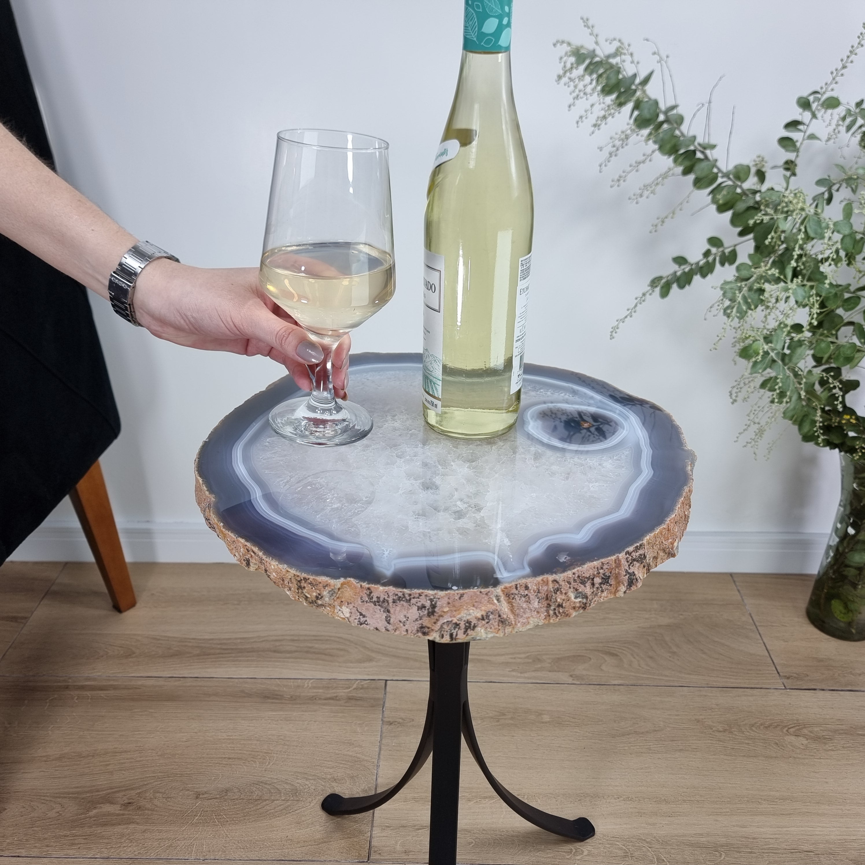 Natural Brazilian Agate Side Table on a black metal base 23 inches high, total weight 16 pounds