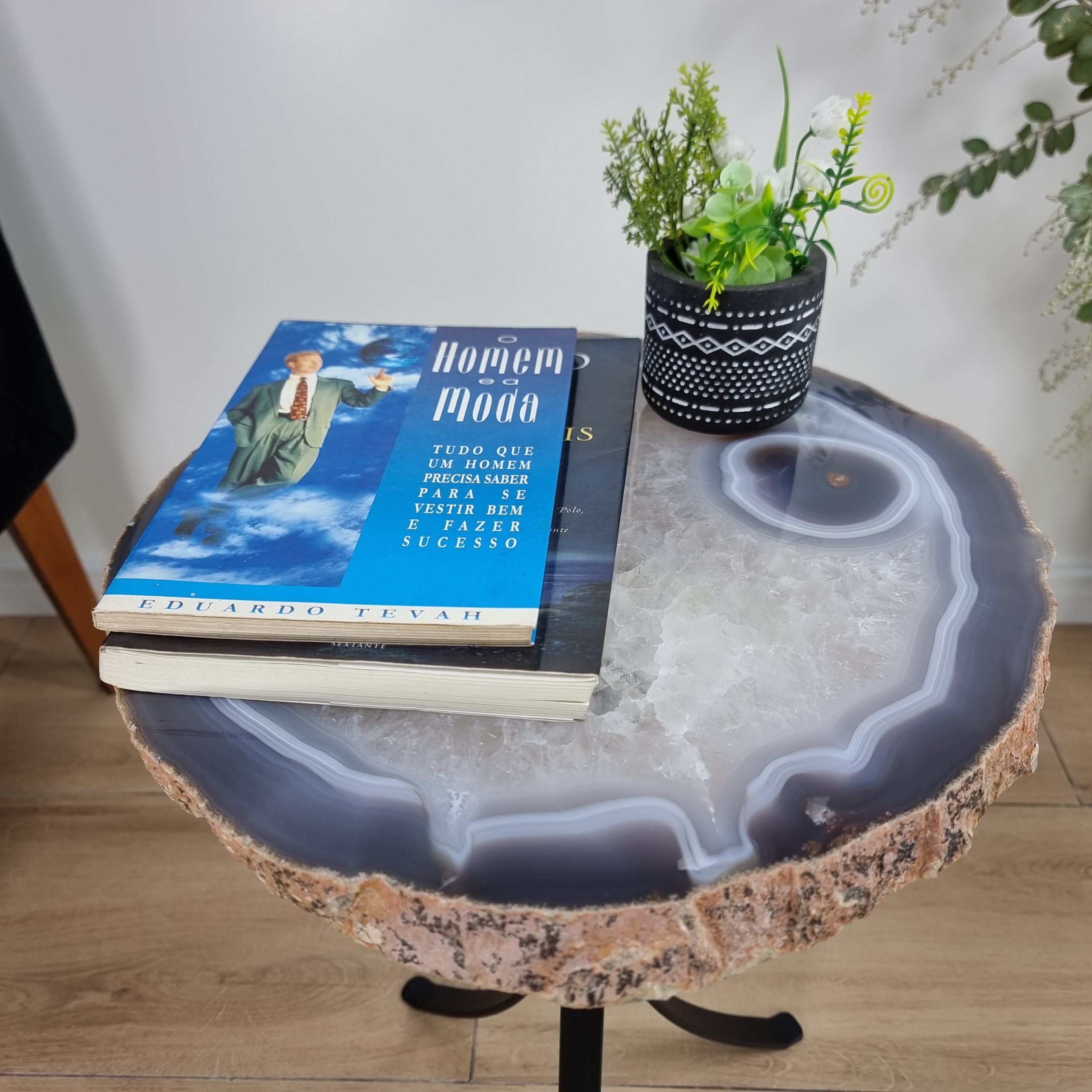 Natural Brazilian Agate Side Table on a black metal base 23 inches high, total weight 16 pounds