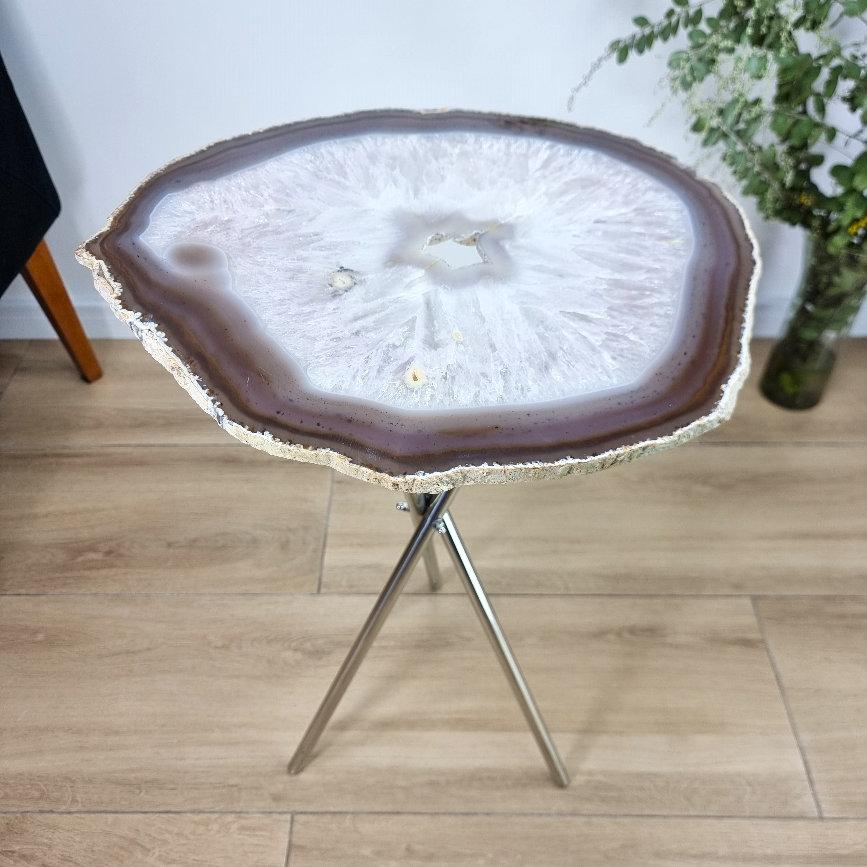 Natural Agate Side Table - Crystal End Table Silver legs 23 inches high, total weight 9.37 pounds