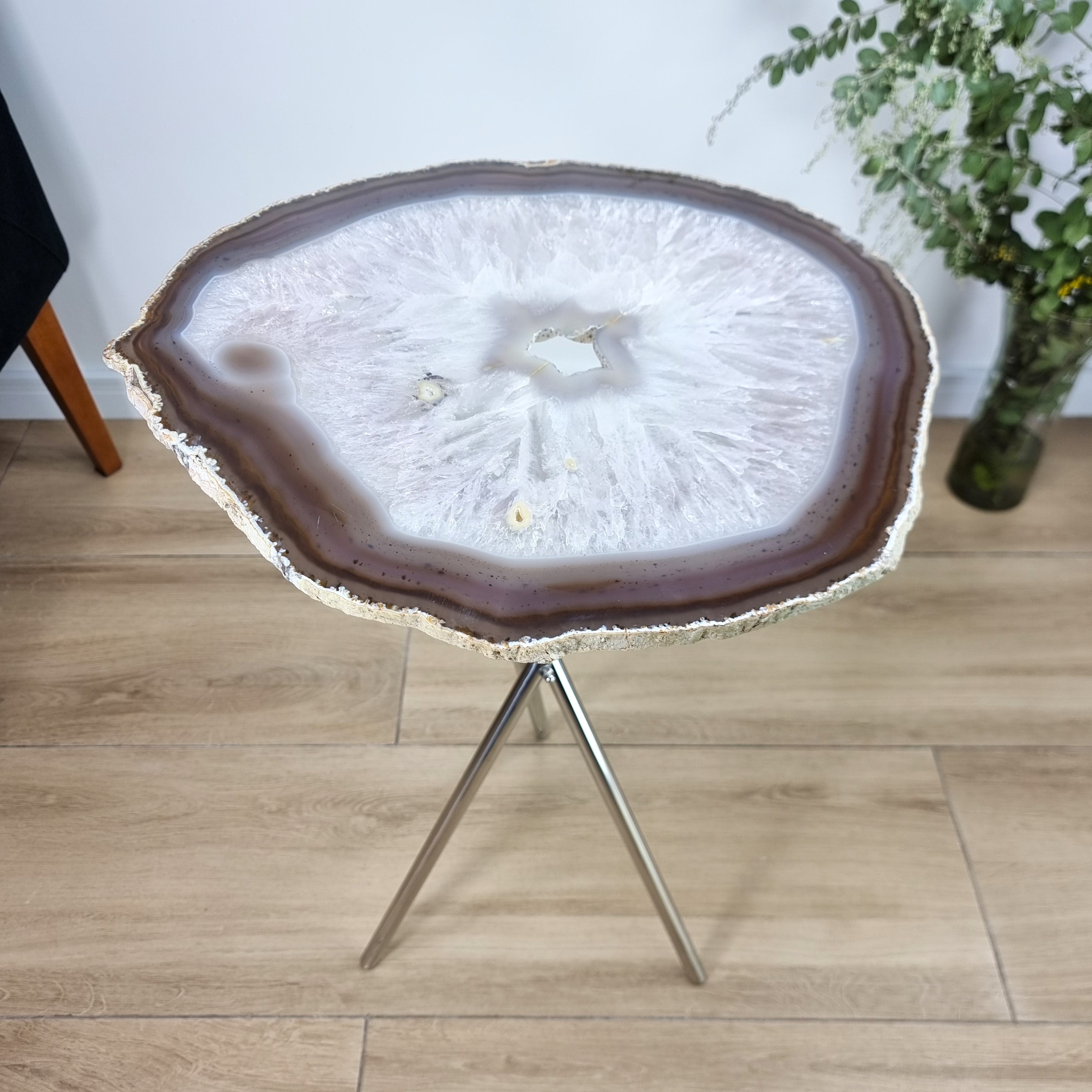 Natural Agate Side Table - Crystal End Table Silver legs 23 inches high, total weight 9.37 pounds