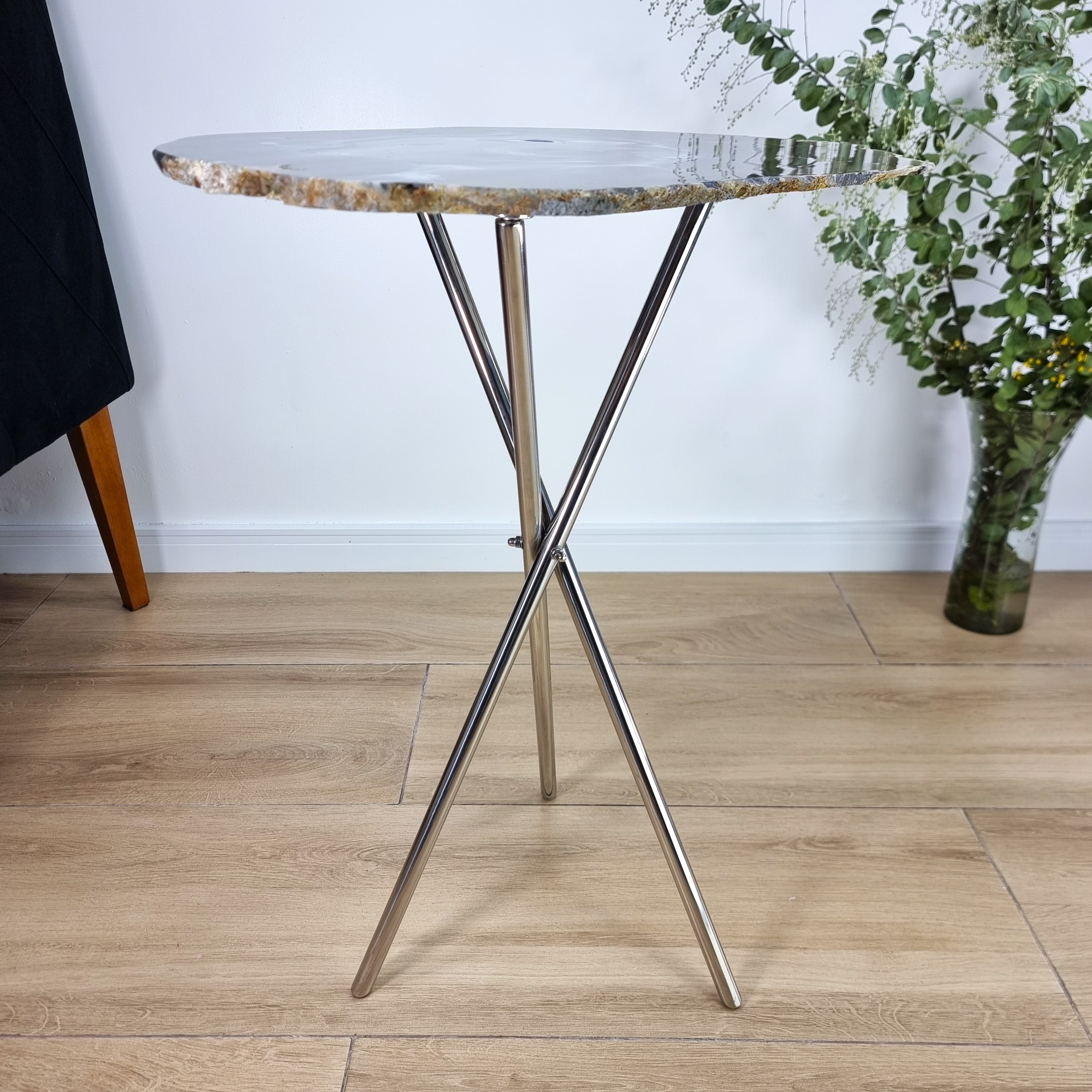 Natural Agate Side Table - Crystal End Table Silver legs 23 inches high, total weight 11 pounds