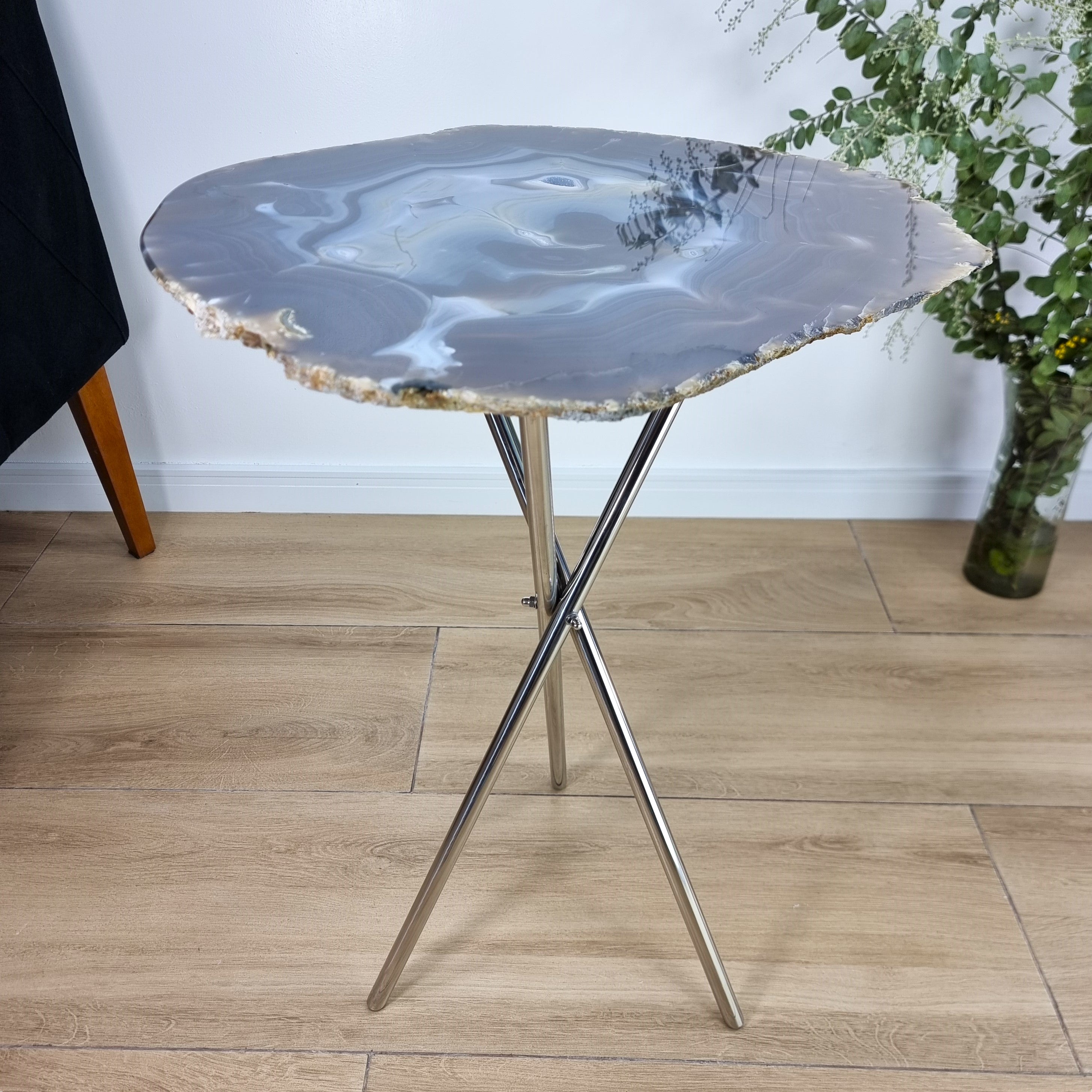 Natural Agate Side Table - Crystal End Table Silver legs 23 inches high, total weight 11 pounds