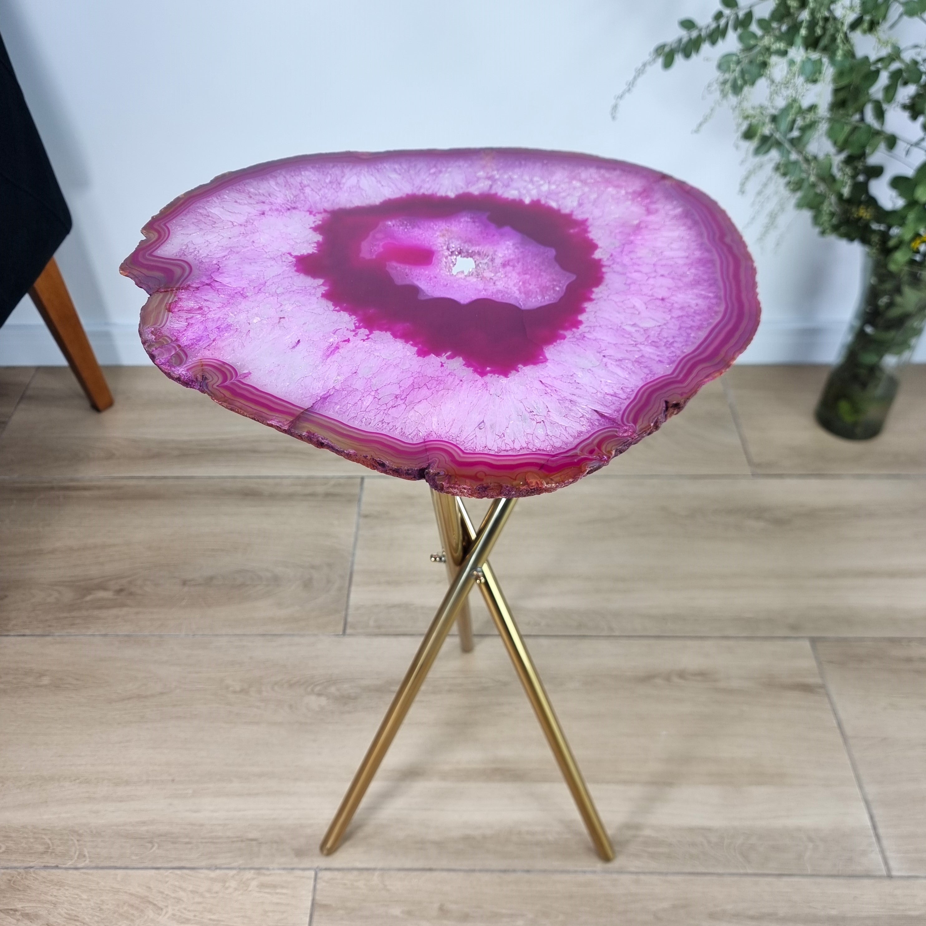 Pink Agate Side Table -  Pink Crystal End Table golden legs 23 inches high, total weight 11 pounds