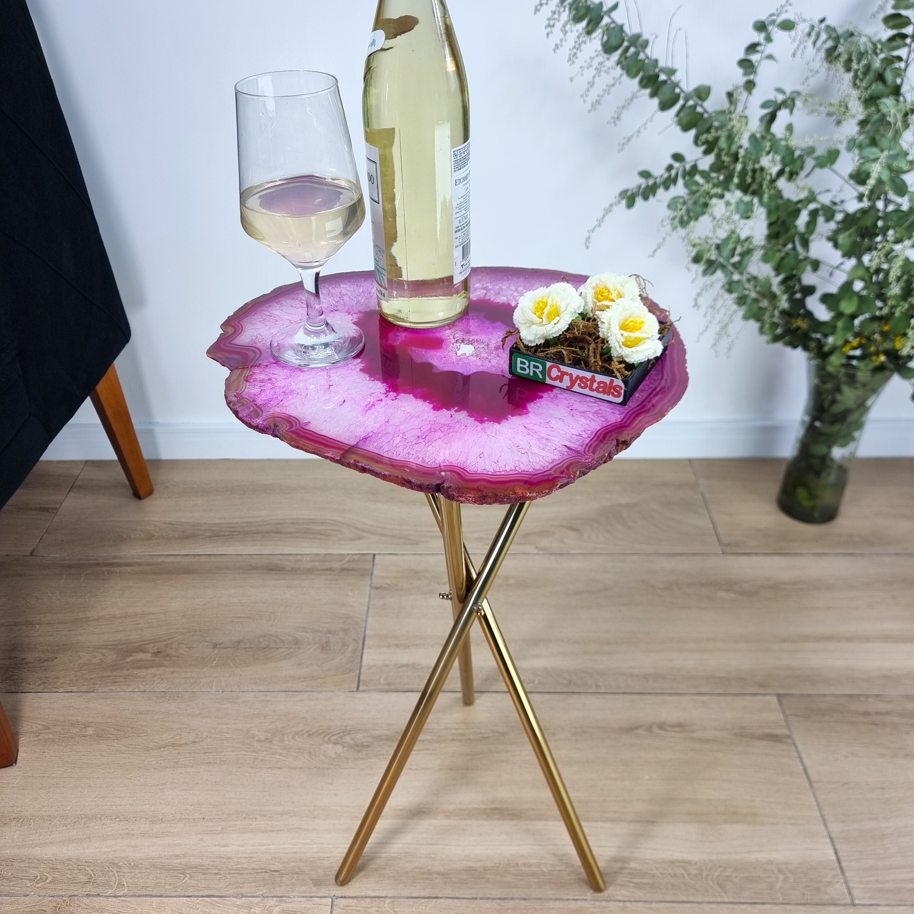 Pink Agate Side Table -  Pink Crystal End Table golden legs 23 inches high, total weight 11 pounds