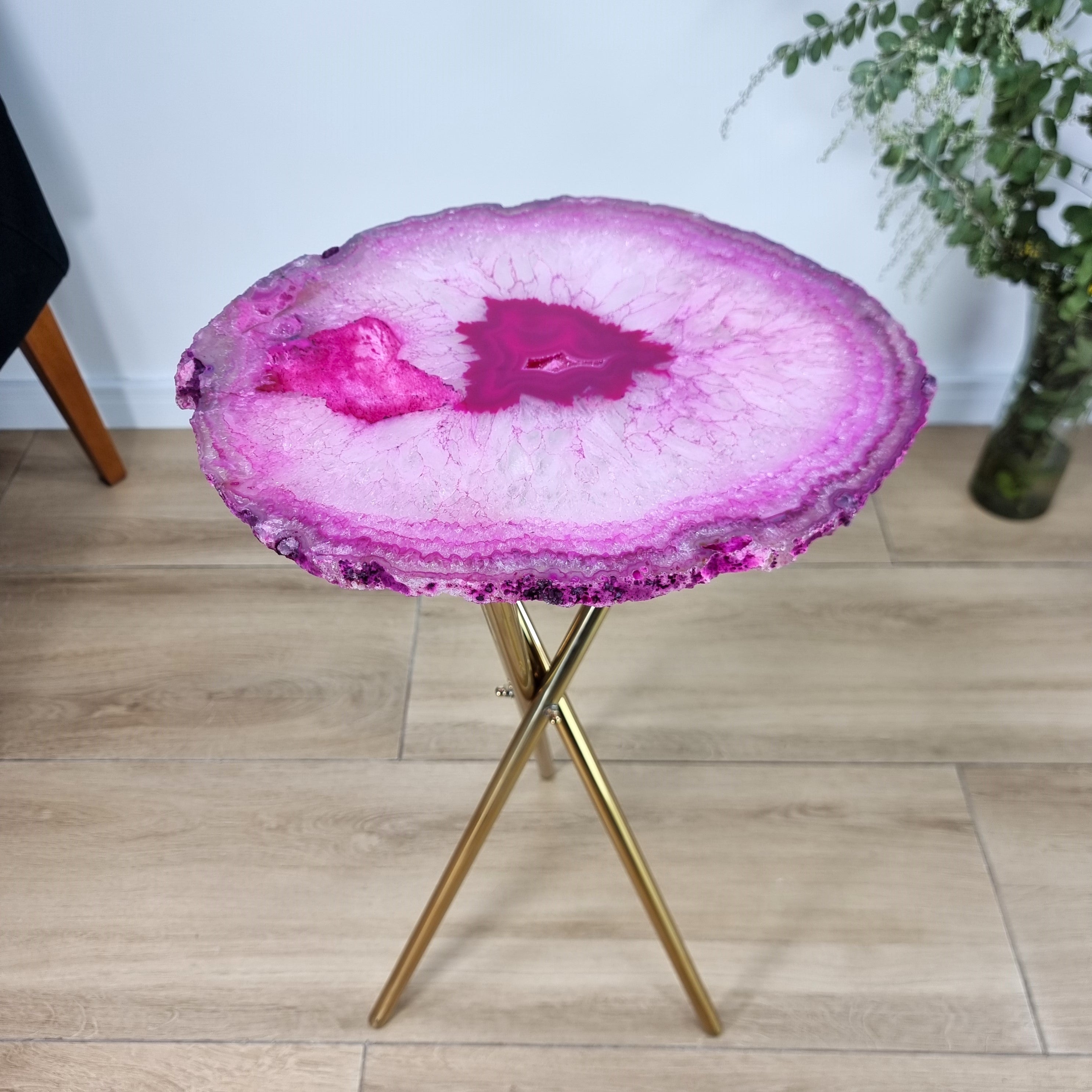 Pink Agate Side Table -  Pink Crystal End Table golden legs 23 inches high, total weight 11 pounds