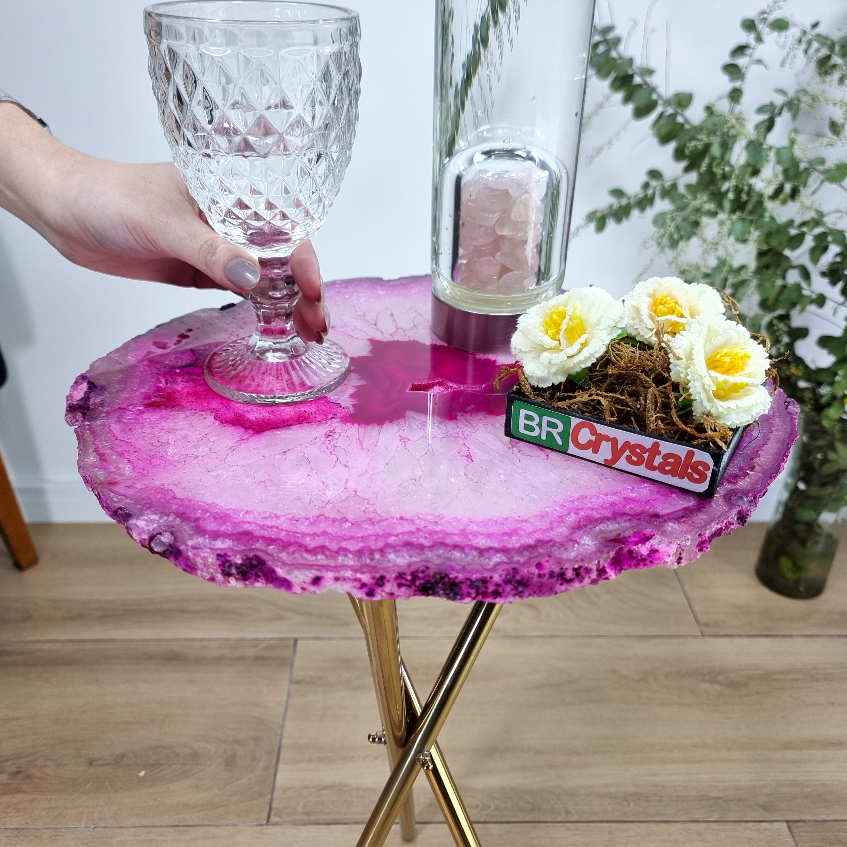 Pink Agate Side Table -  Pink Crystal End Table golden legs 23 inches high, total weight 11 pounds