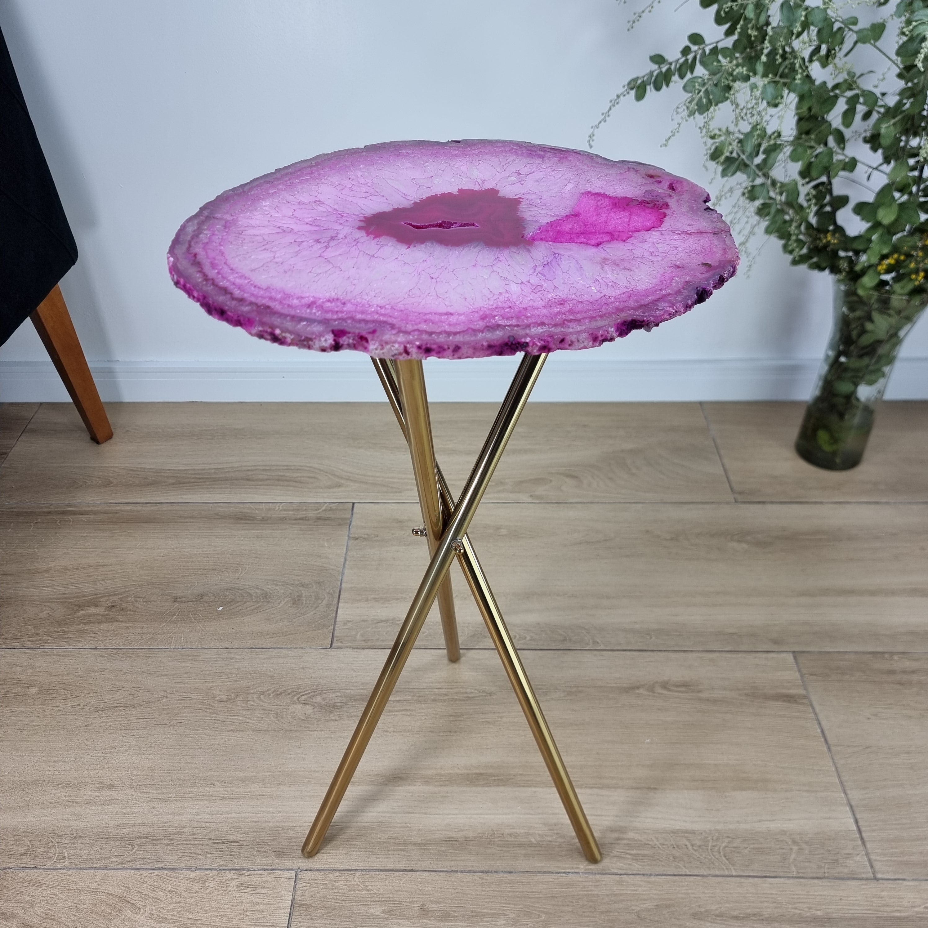 Pink Agate Side Table -  Pink Crystal End Table golden legs 23 inches high, total weight 11 pounds