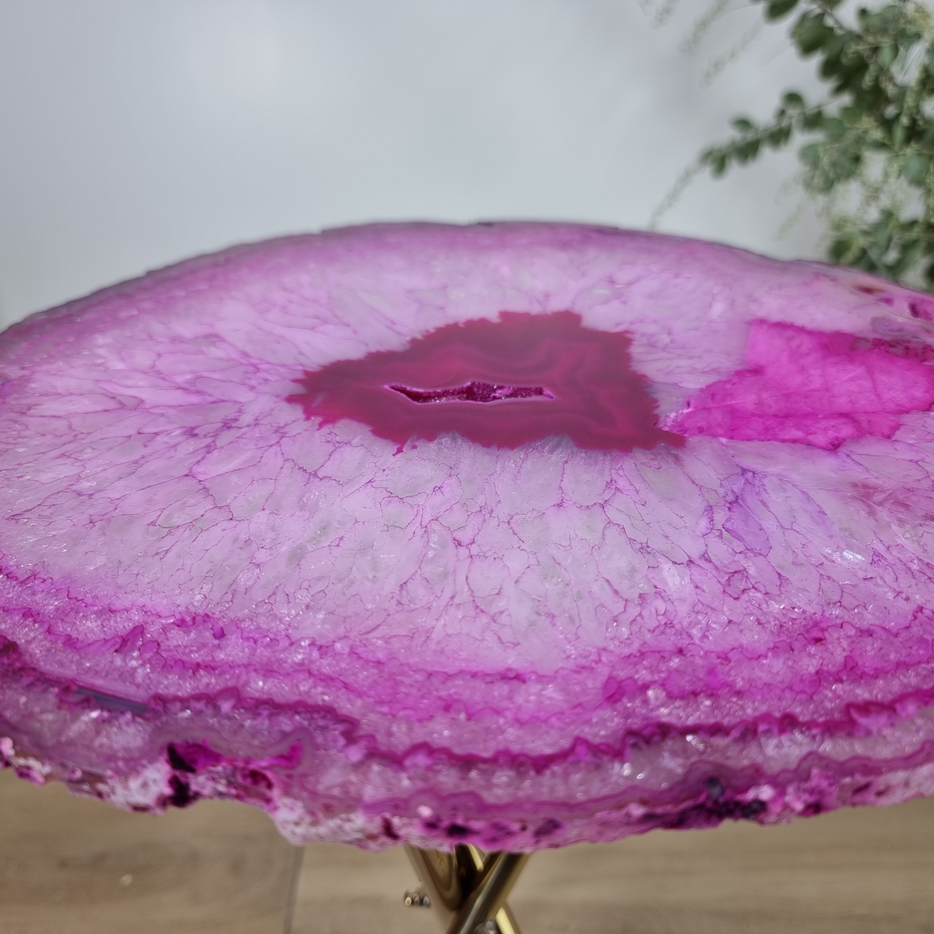 Pink Agate Side Table -  Pink Crystal End Table golden legs 23 inches high, total weight 11 pounds