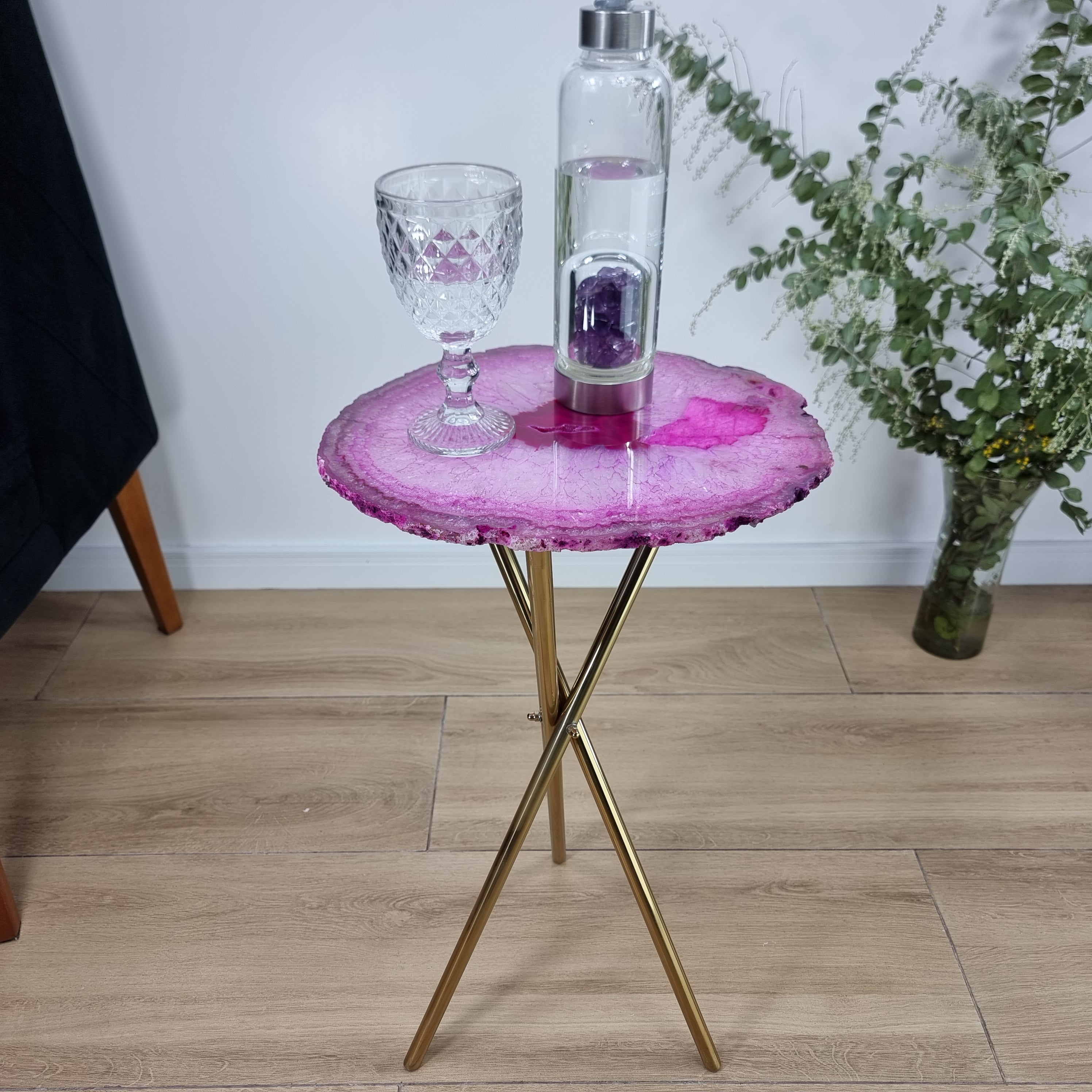 Pink Agate Side Table -  Pink Crystal End Table golden legs 23 inches high, total weight 11 pounds