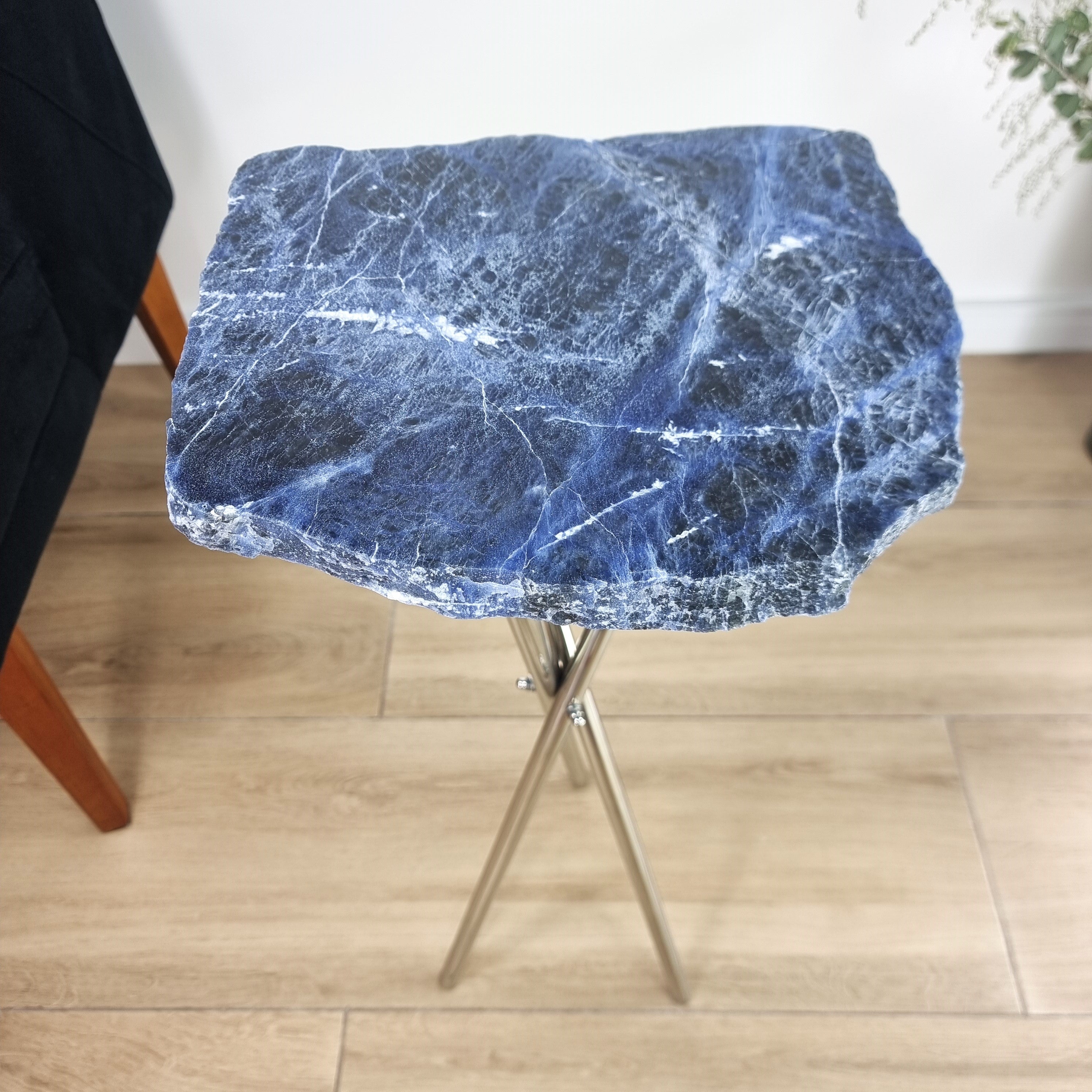 Sodalite Side Table With Silver legs 23 inches high, total weight 8.4 pounds