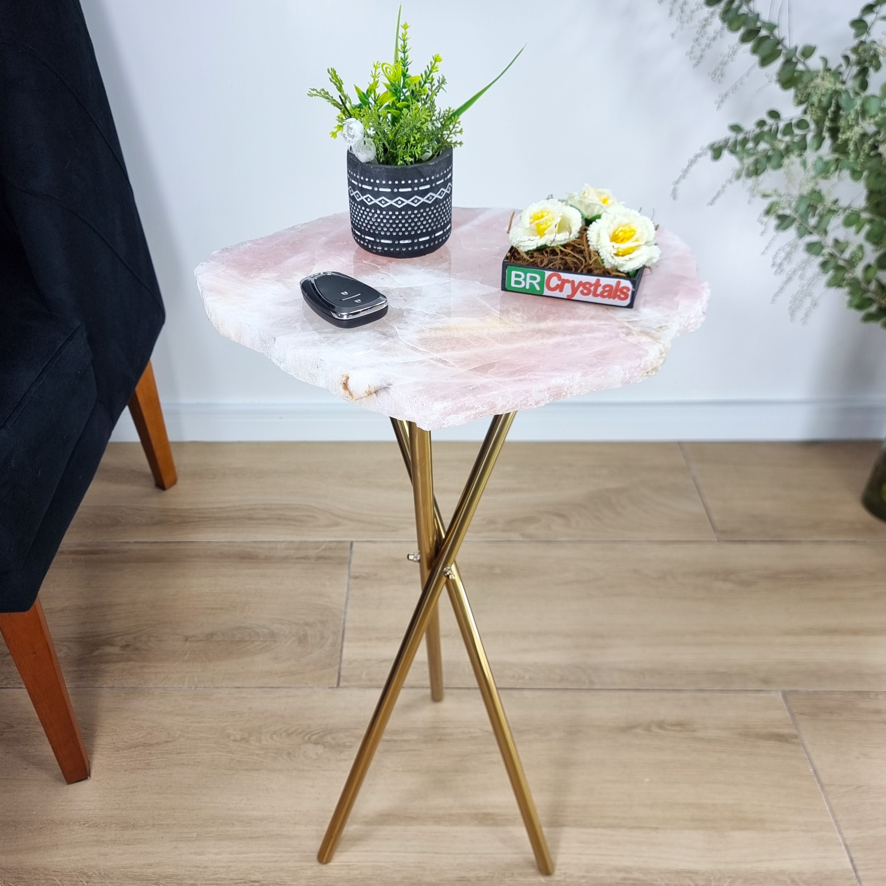 Rose Quartz Side Table - Crystal Table with Gold legs 23 inches high, total weight 11 pounds